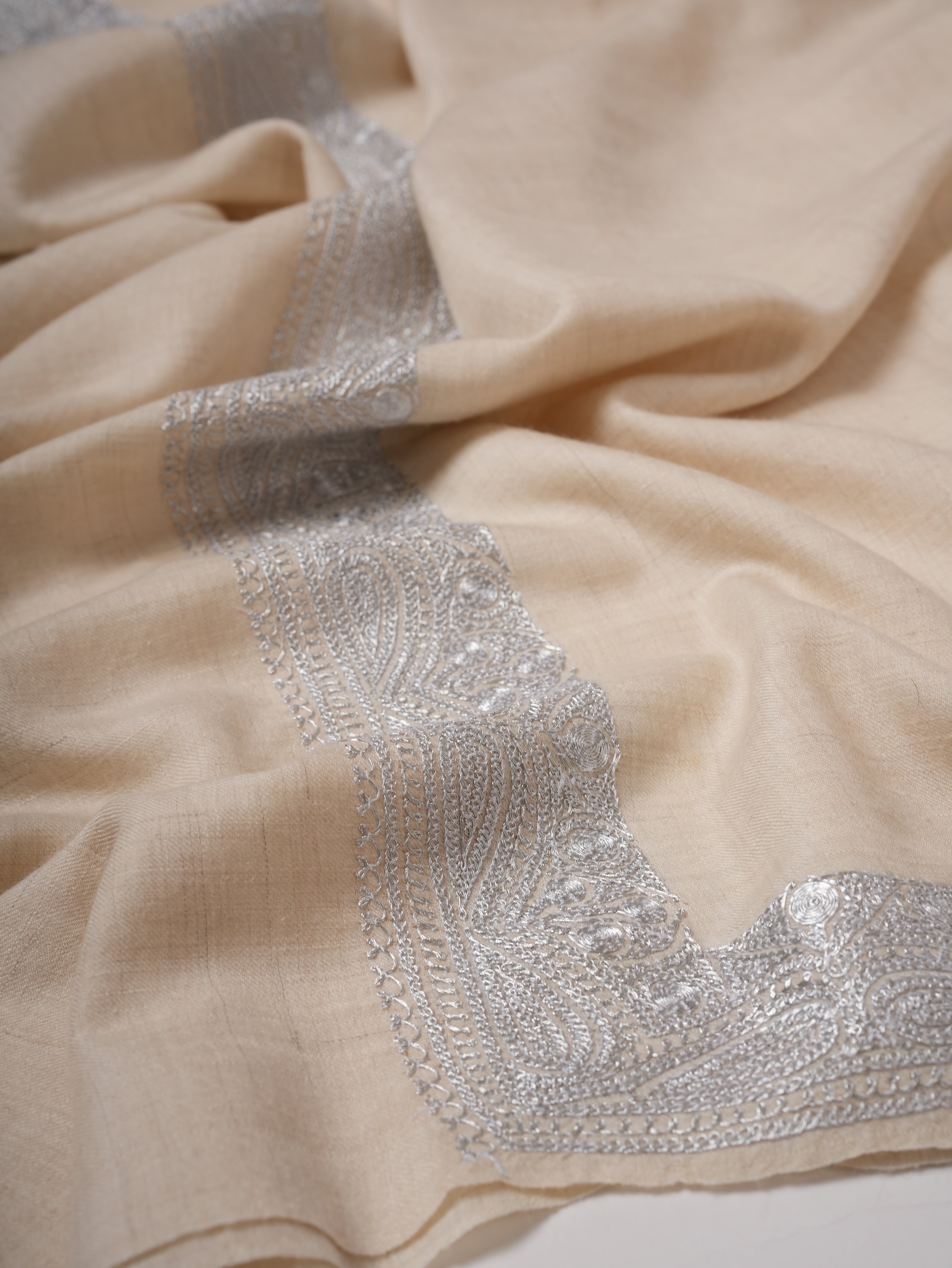 Soft Ivory Kashmiri Pashmina with Classic Silver Daurdaar Tilla Work Shahkaar