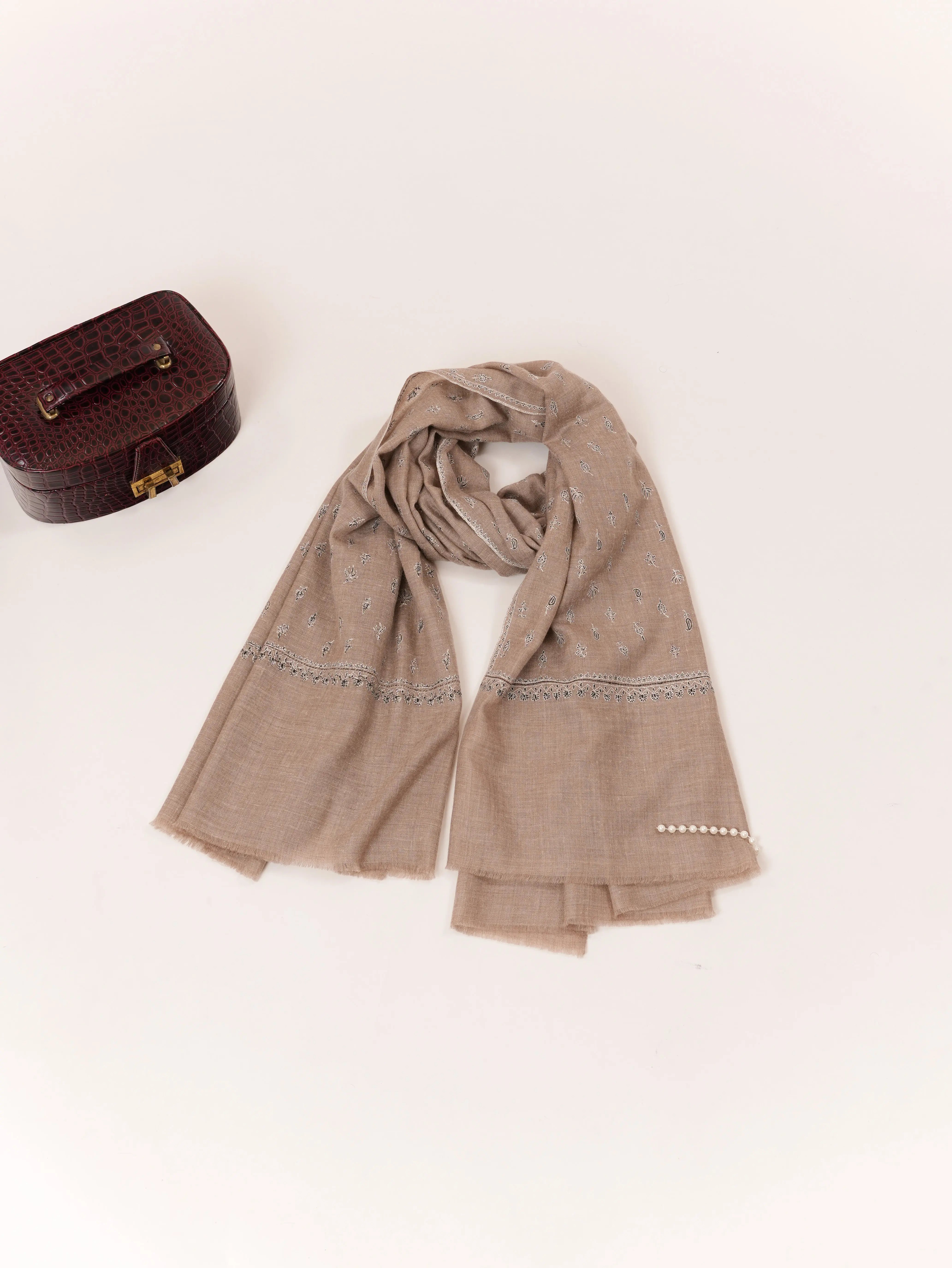 Handwoven Natural Taupe Beige Premium Pashmina Shawl with Kashmiri Sozni Buteh Embroidery Shahkaar.com