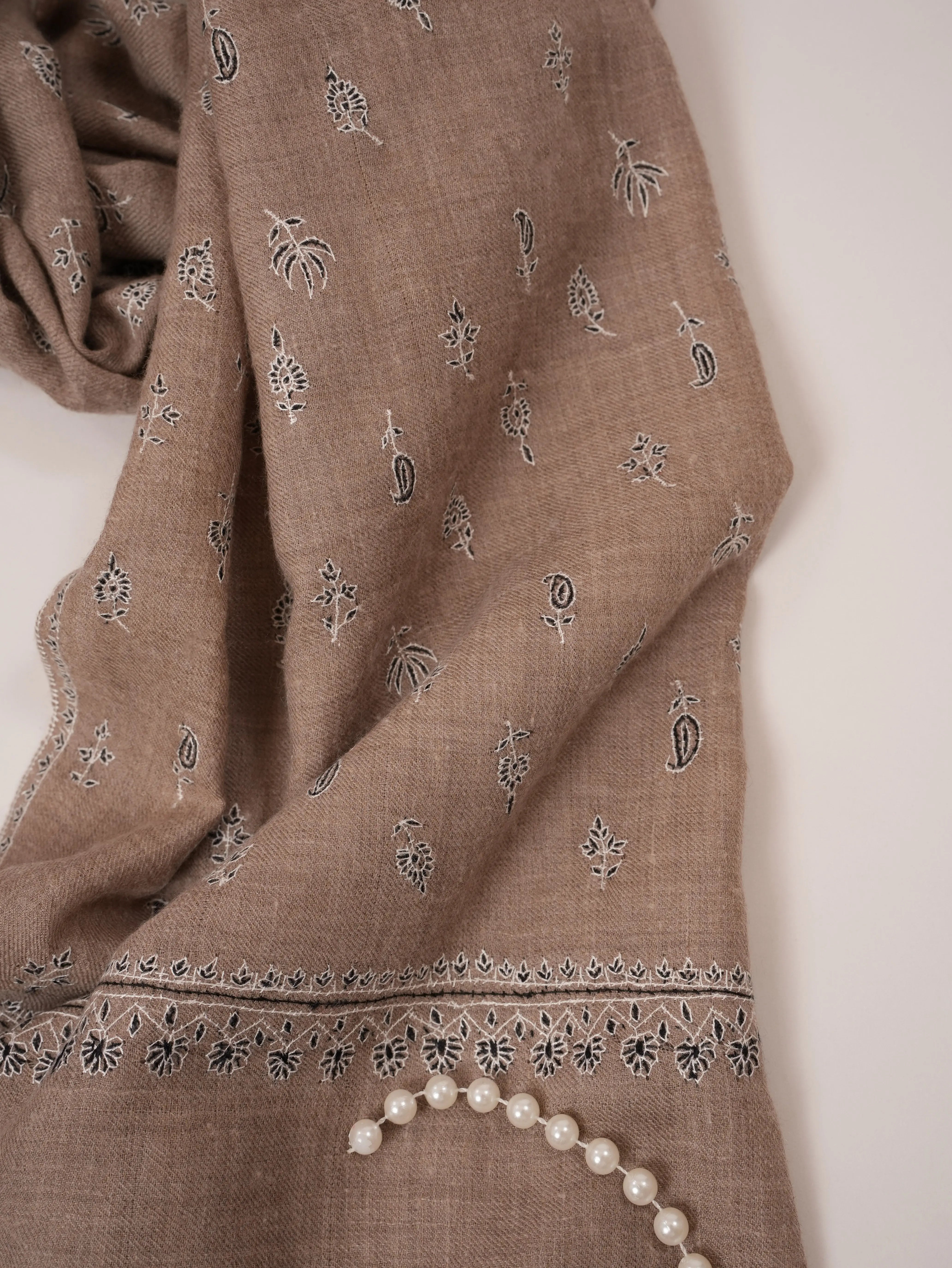 Handwoven Natural Taupe Beige Premium Pashmina Shawl with Kashmiri Sozni Buteh Embroidery Shahkaar.com