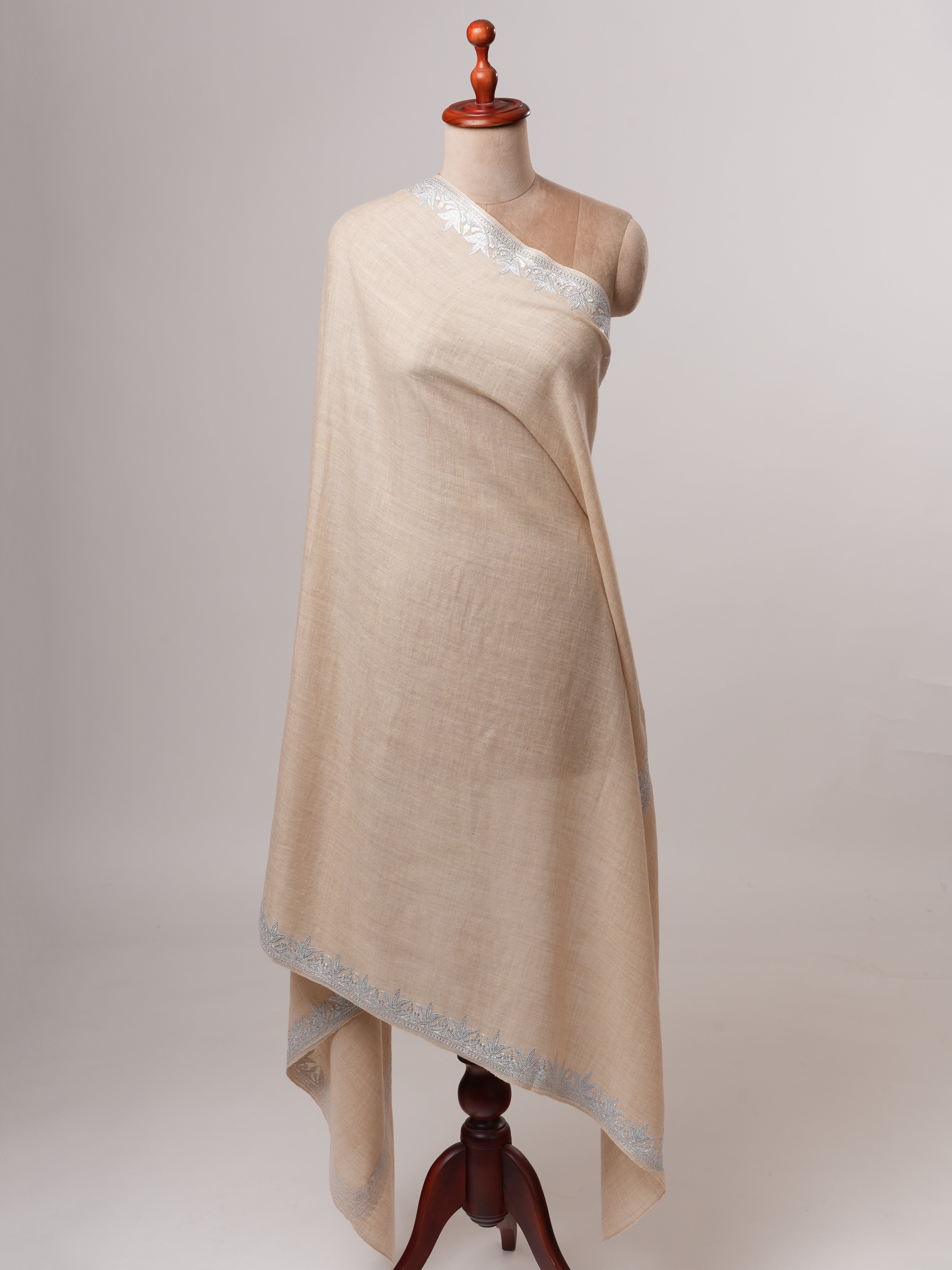 Handwoven Cream Pashmina Shawl Featuring Silver Tilla Daur Work Shahkaar