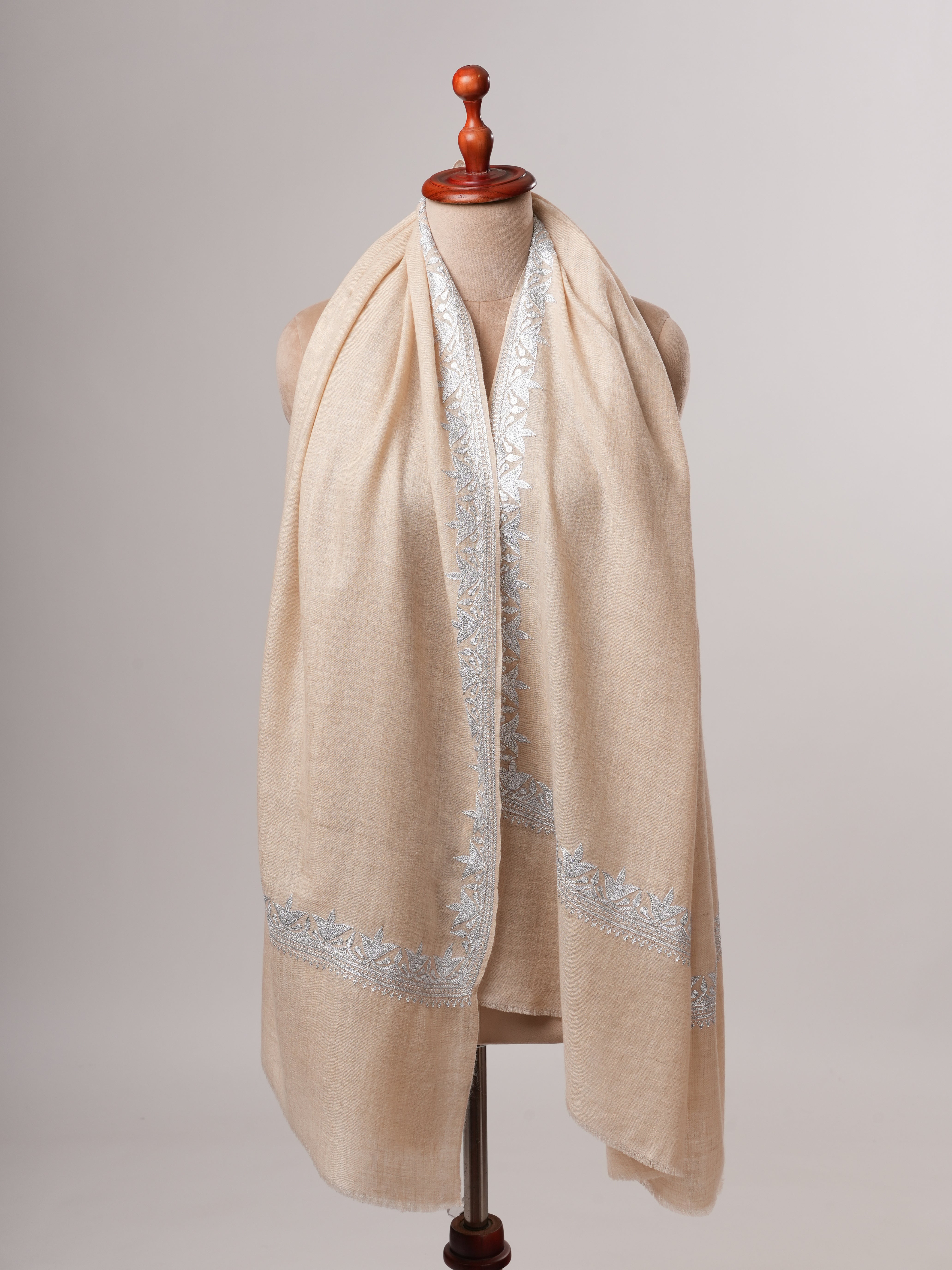 Handwoven Cream Pashmina Shawl Featuring Silver Tilla Daur Work Shahkaar