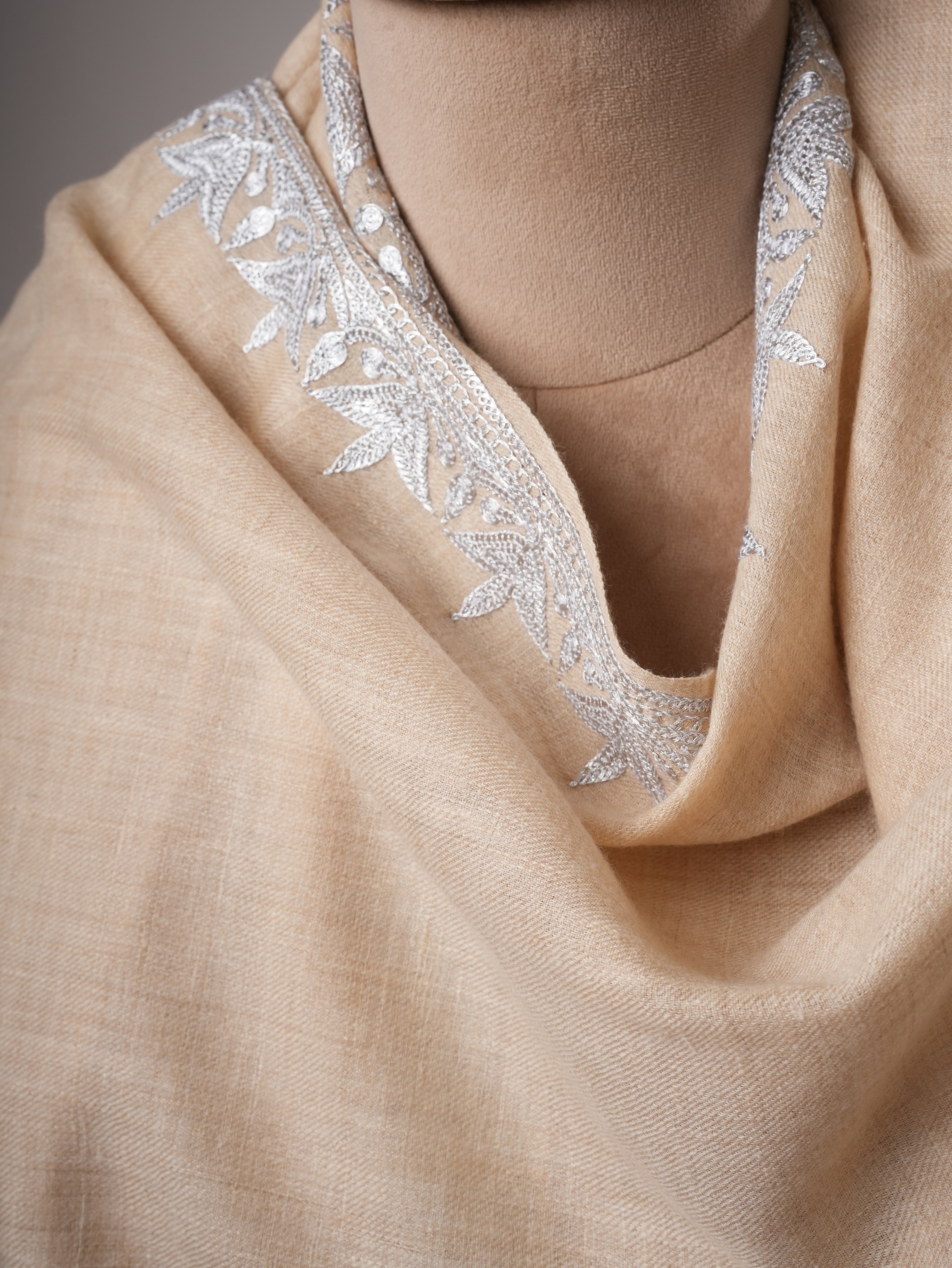 Handwoven Cream Pashmina Shawl Featuring Silver Tilla Daur Work Shahkaar