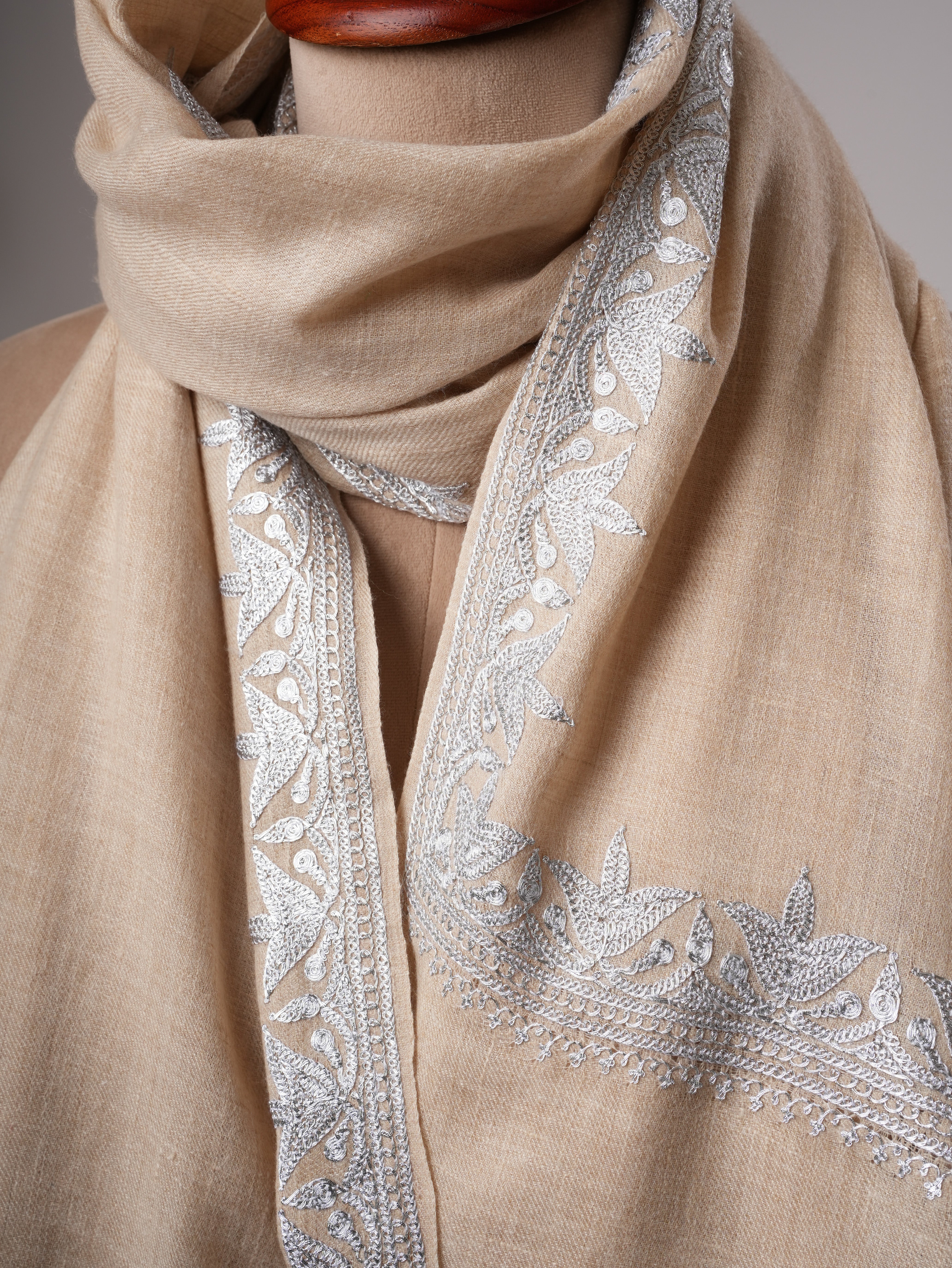 Handwoven Cream Pashmina Shawl Featuring Silver Tilla Daur Work Shahkaar