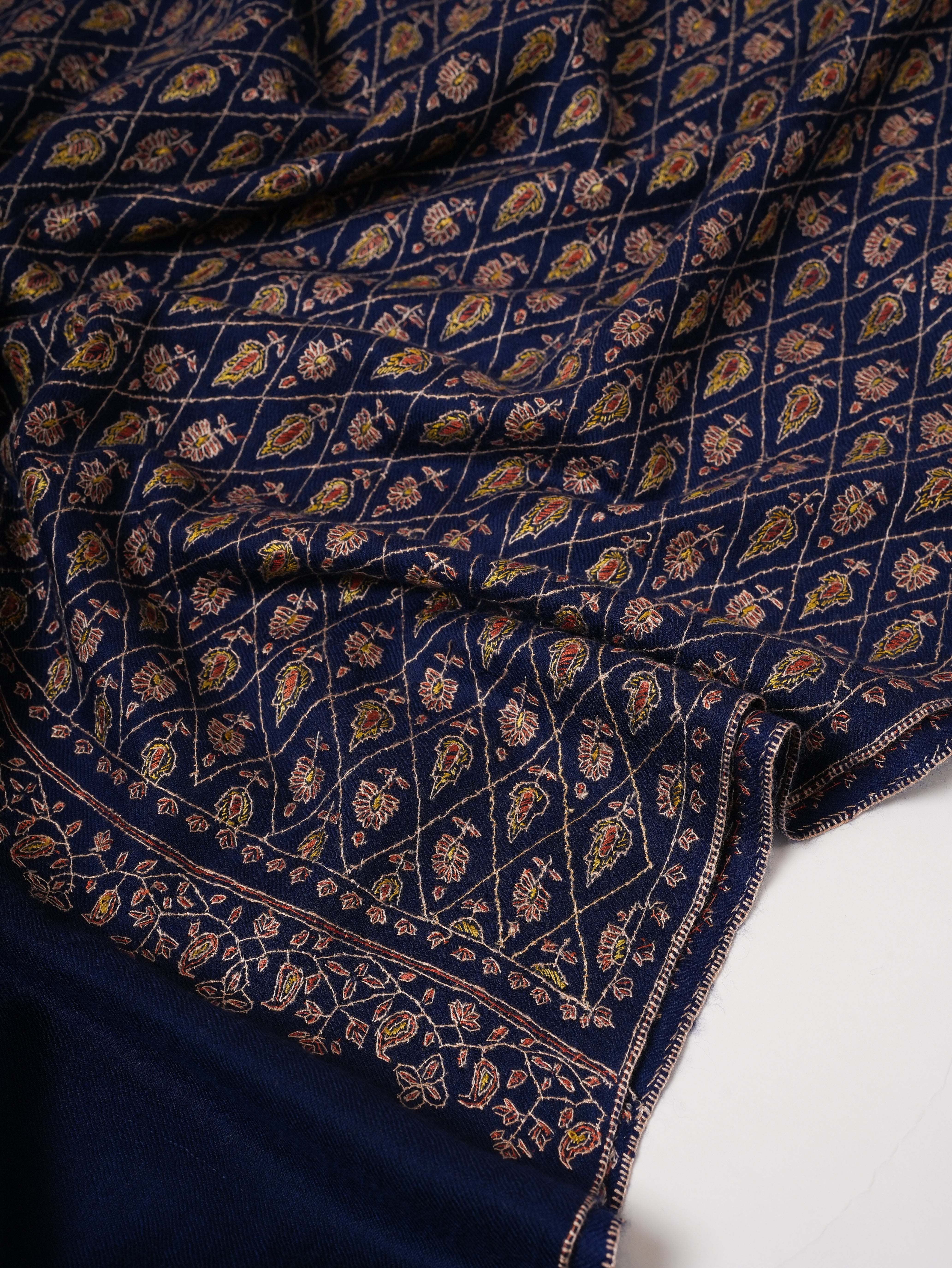 Hand Embroidered Navy Blue Kashmiri Cashmere Scarf Shahkaar