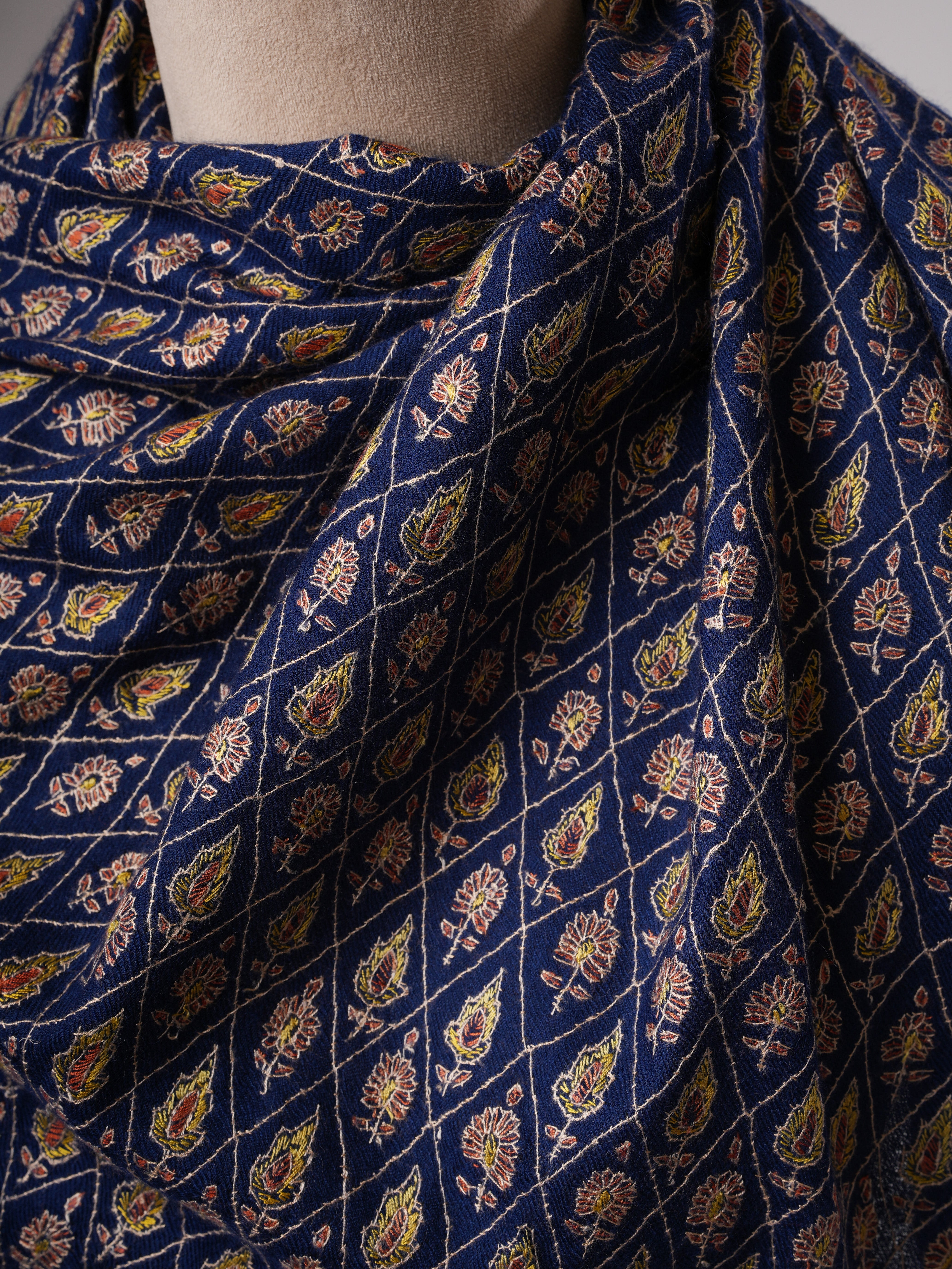 Hand Embroidered Navy Blue Kashmiri Cashmere Scarf Shahkaar