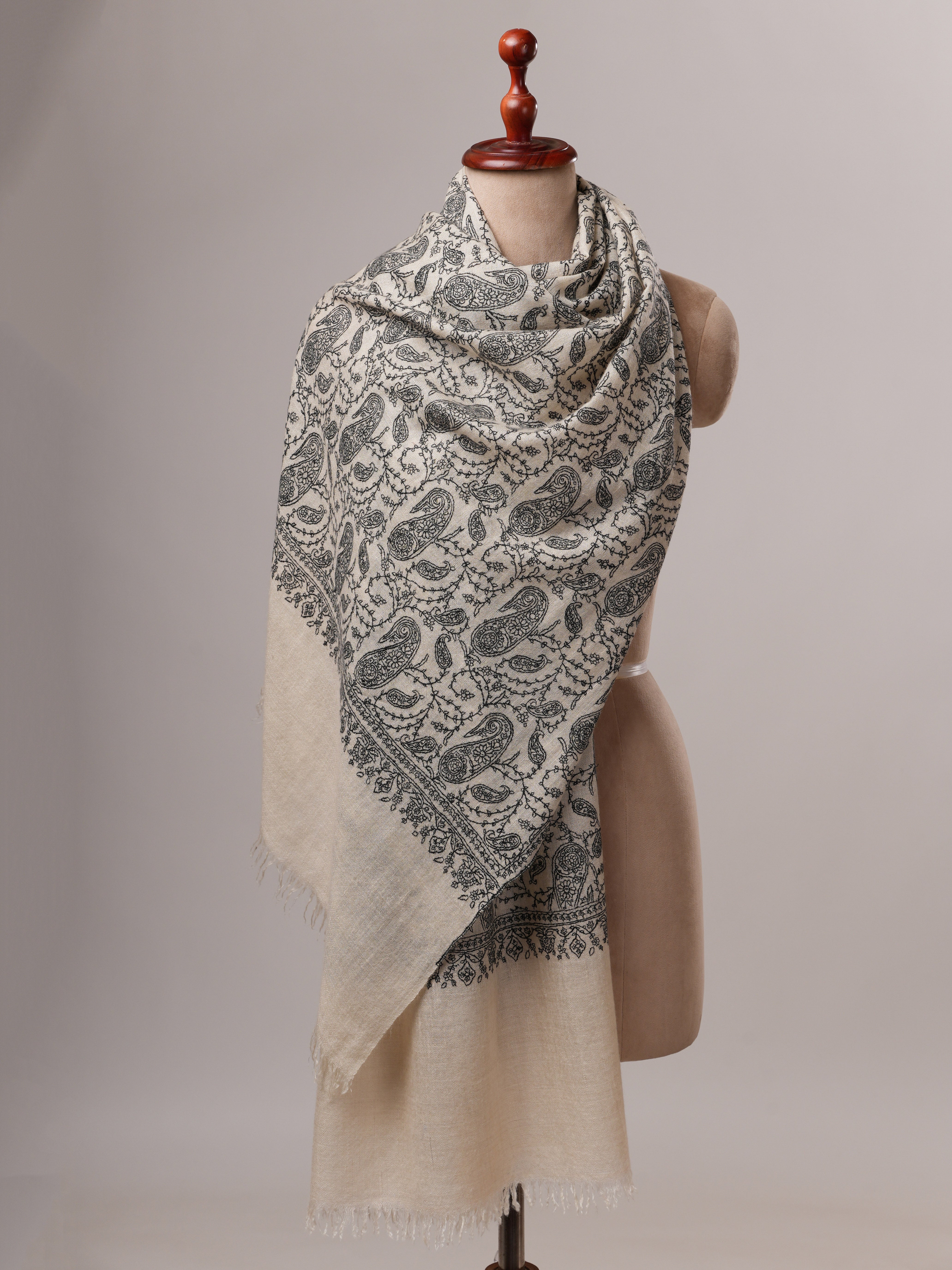 Natural White Cashmere Scarf with All-Over Black Hand Embroidery Shahkaar