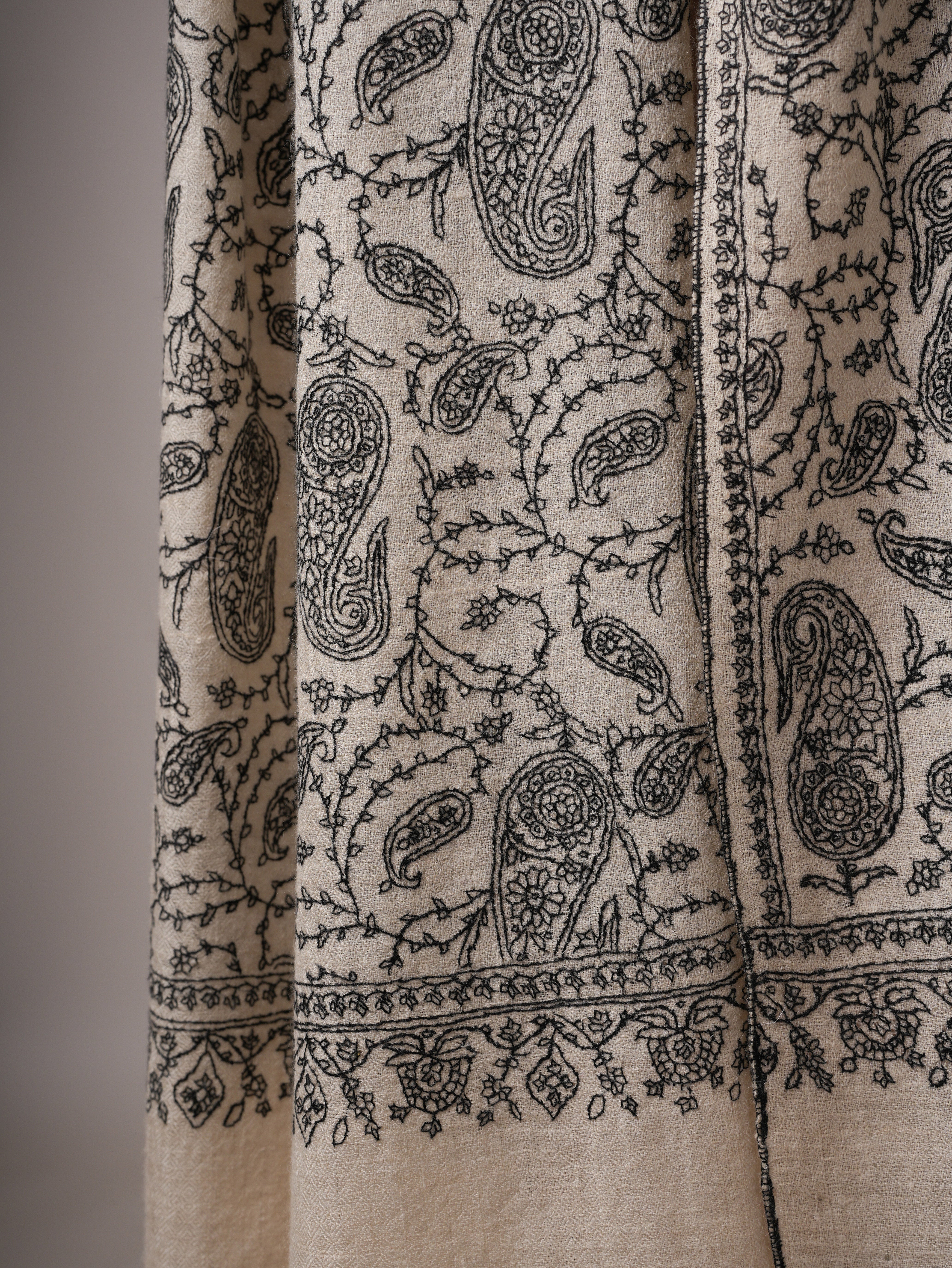 Natural White Cashmere Scarf with All-Over Black Hand Embroidery Shahkaar