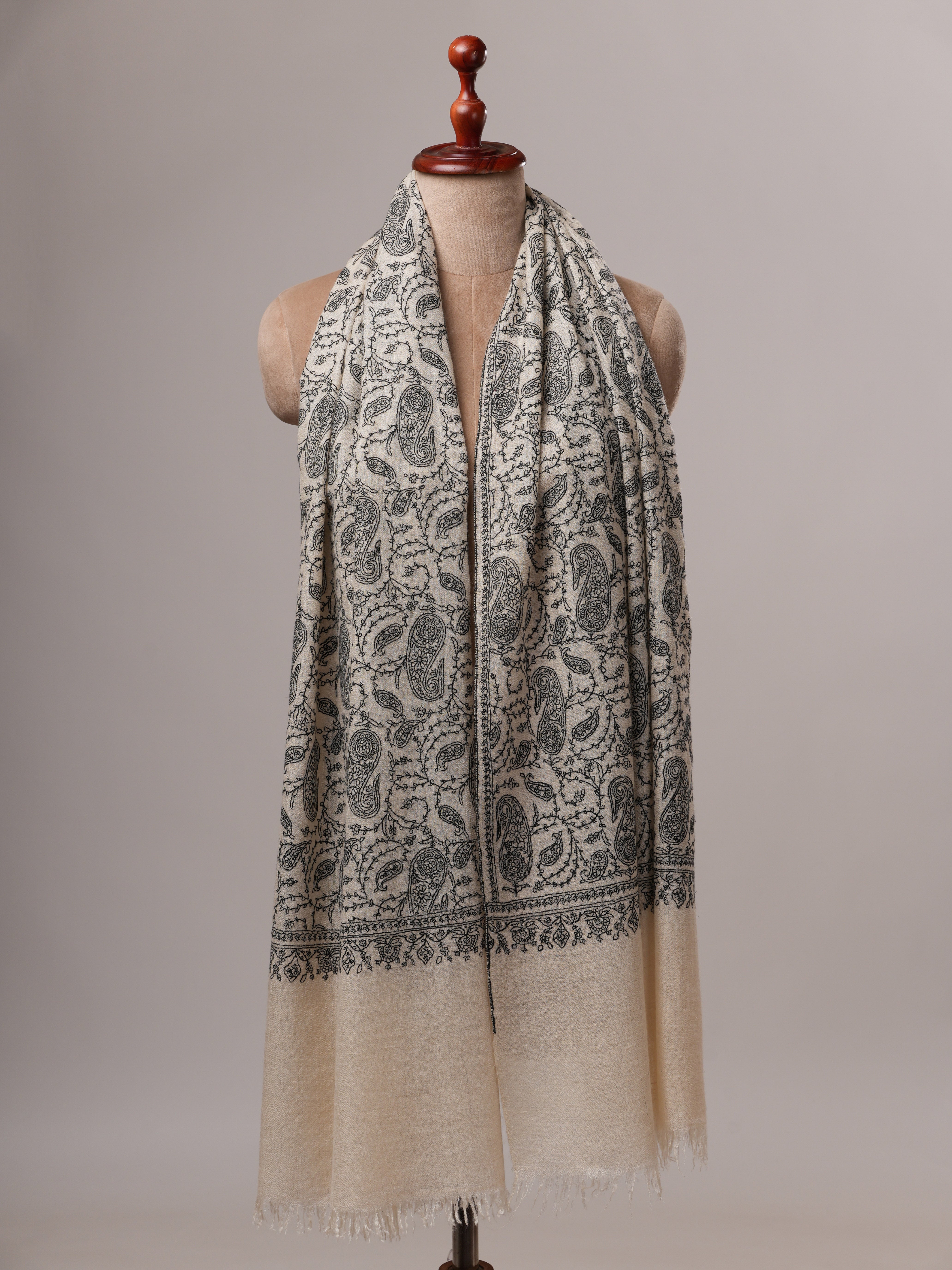 Natural White Cashmere Scarf with All-Over Black Hand Embroidery Shahkaar
