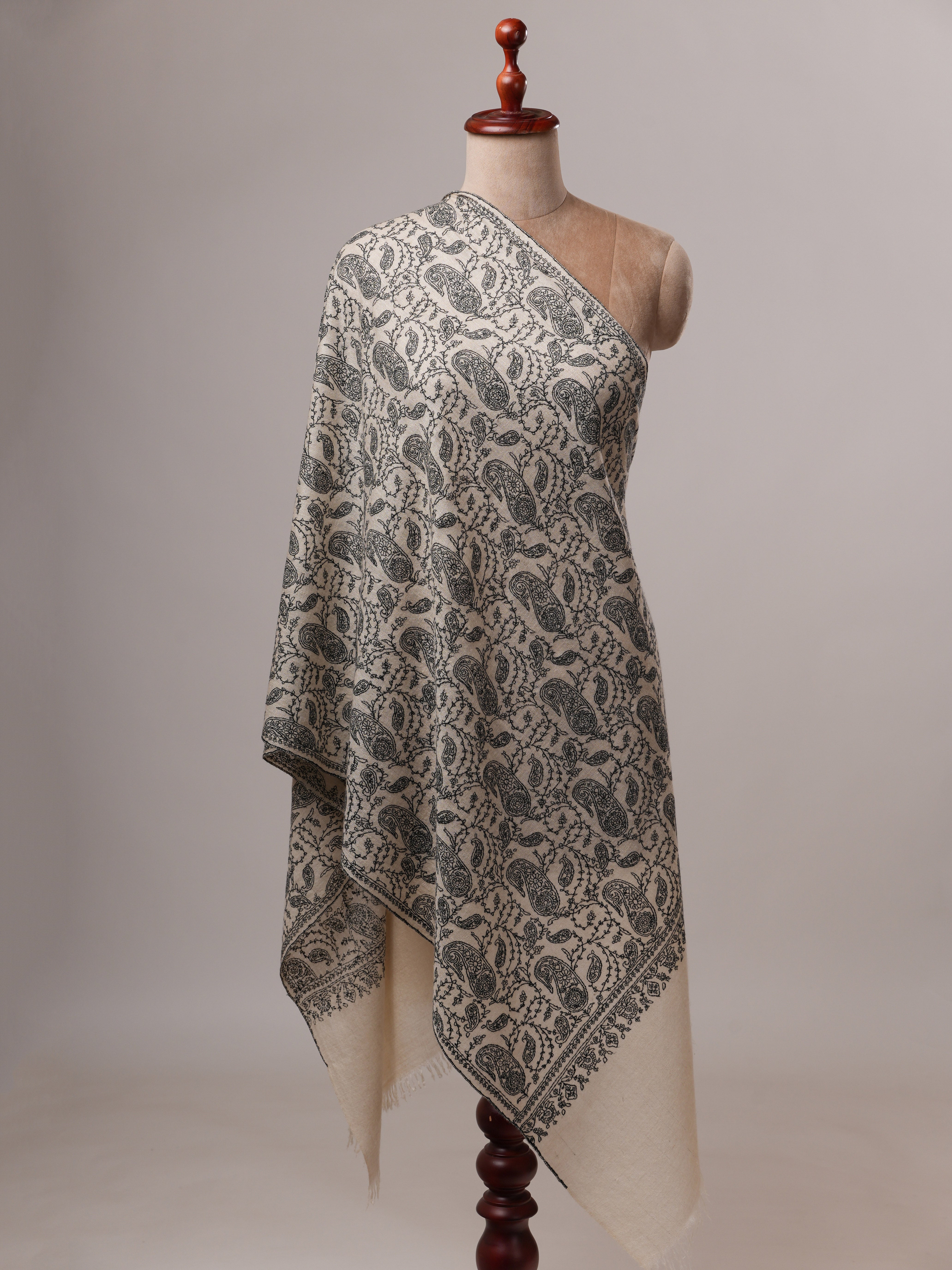 Natural White Cashmere Scarf with All-Over Black Hand Embroidery Shahkaar