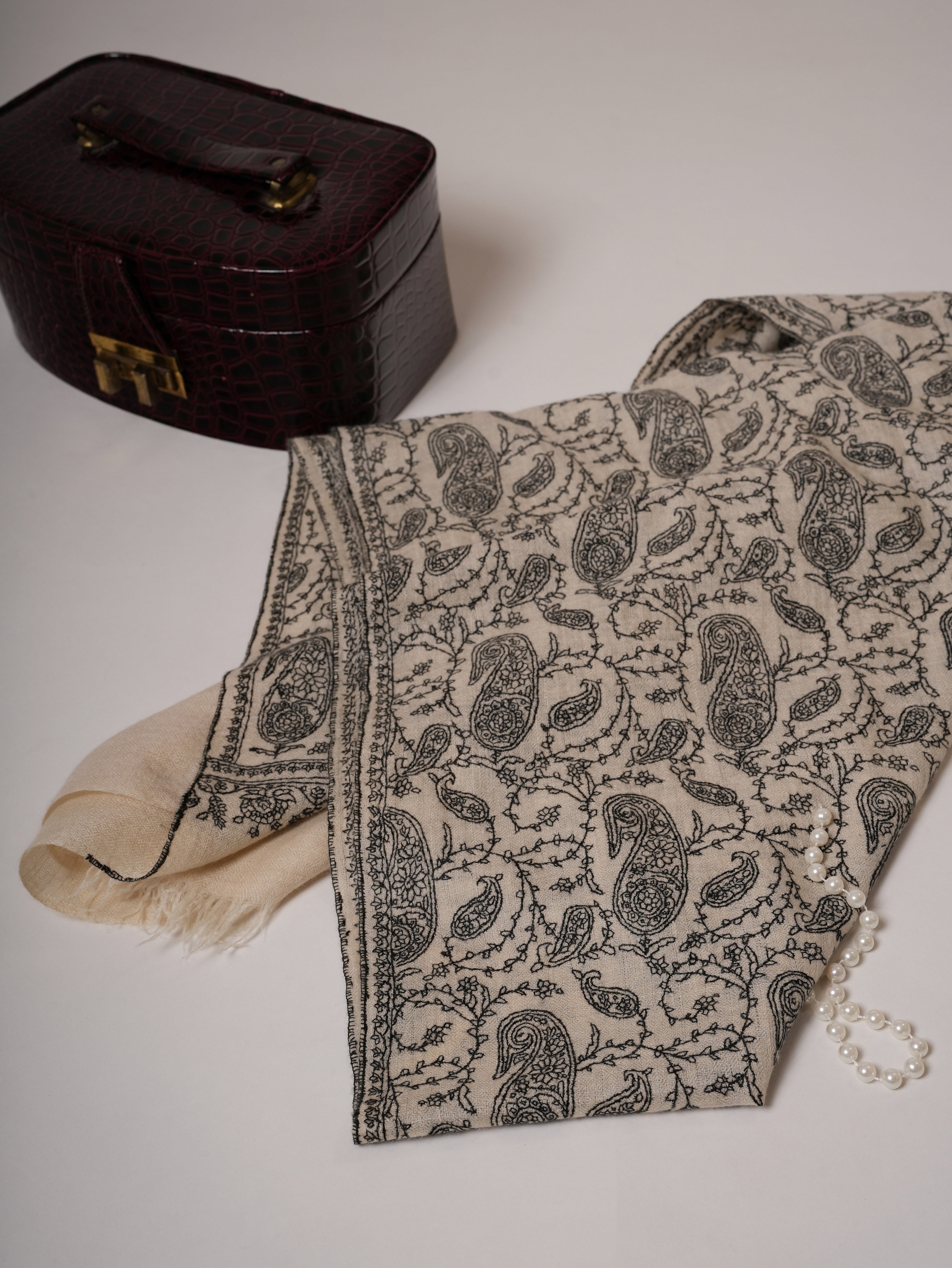 Natural White Cashmere Scarf with All-Over Black Hand Embroidery Shahkaar