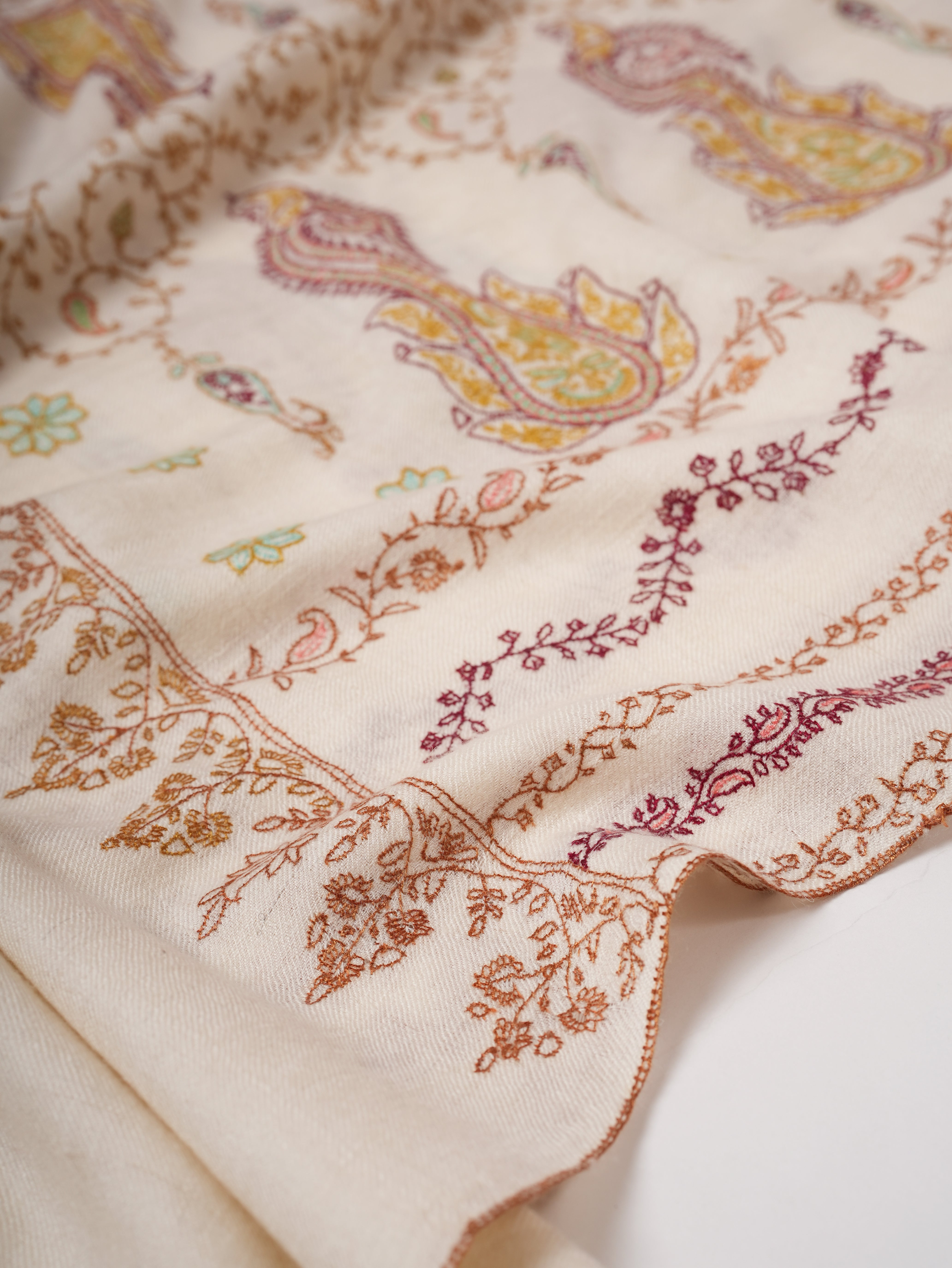 Soft Ivory Cashmere Scarf with Fine Embroidered Detailing Shahkaar