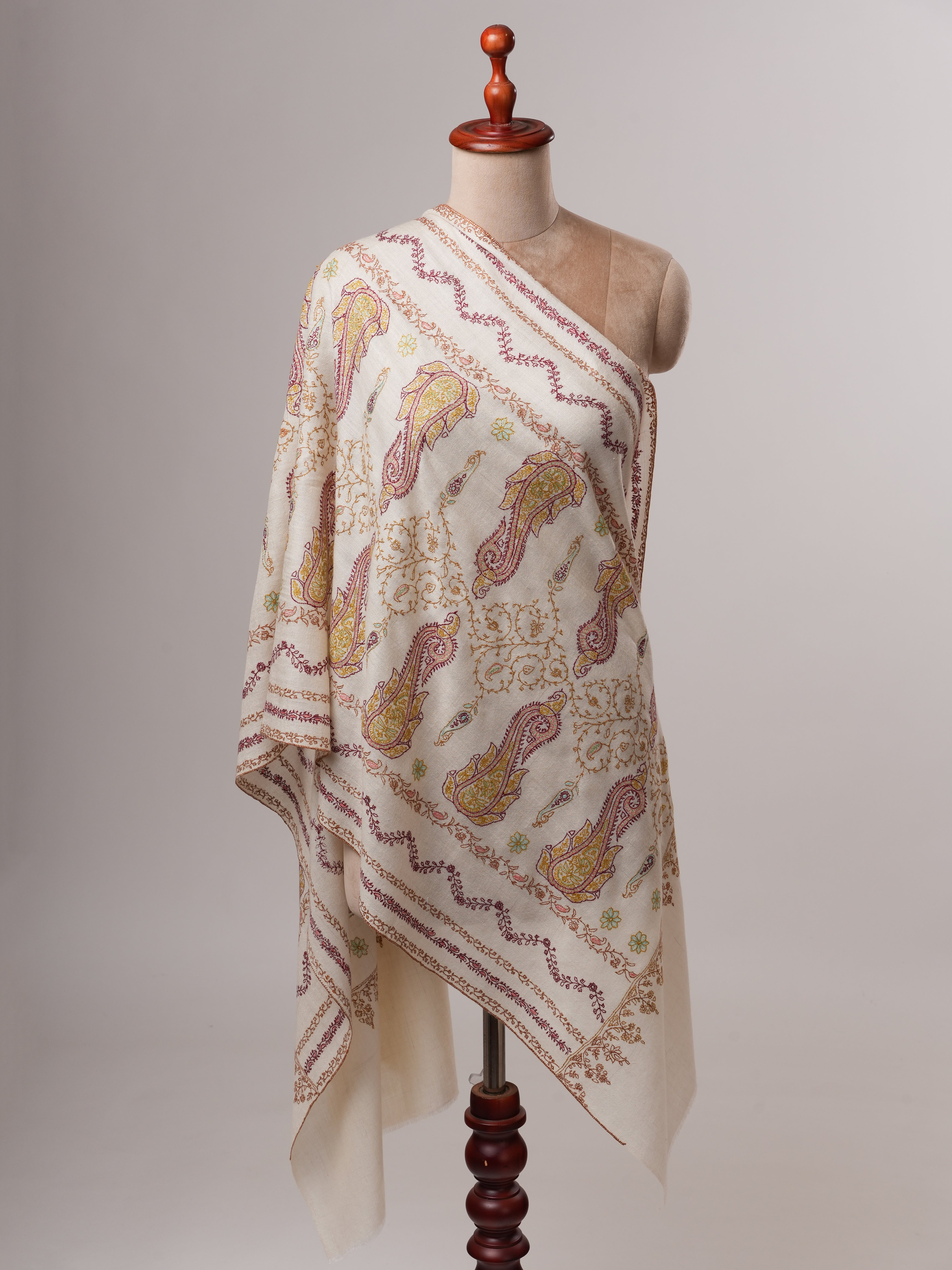 Soft Ivory Cashmere Scarf with Fine Embroidered Detailing Shahkaar