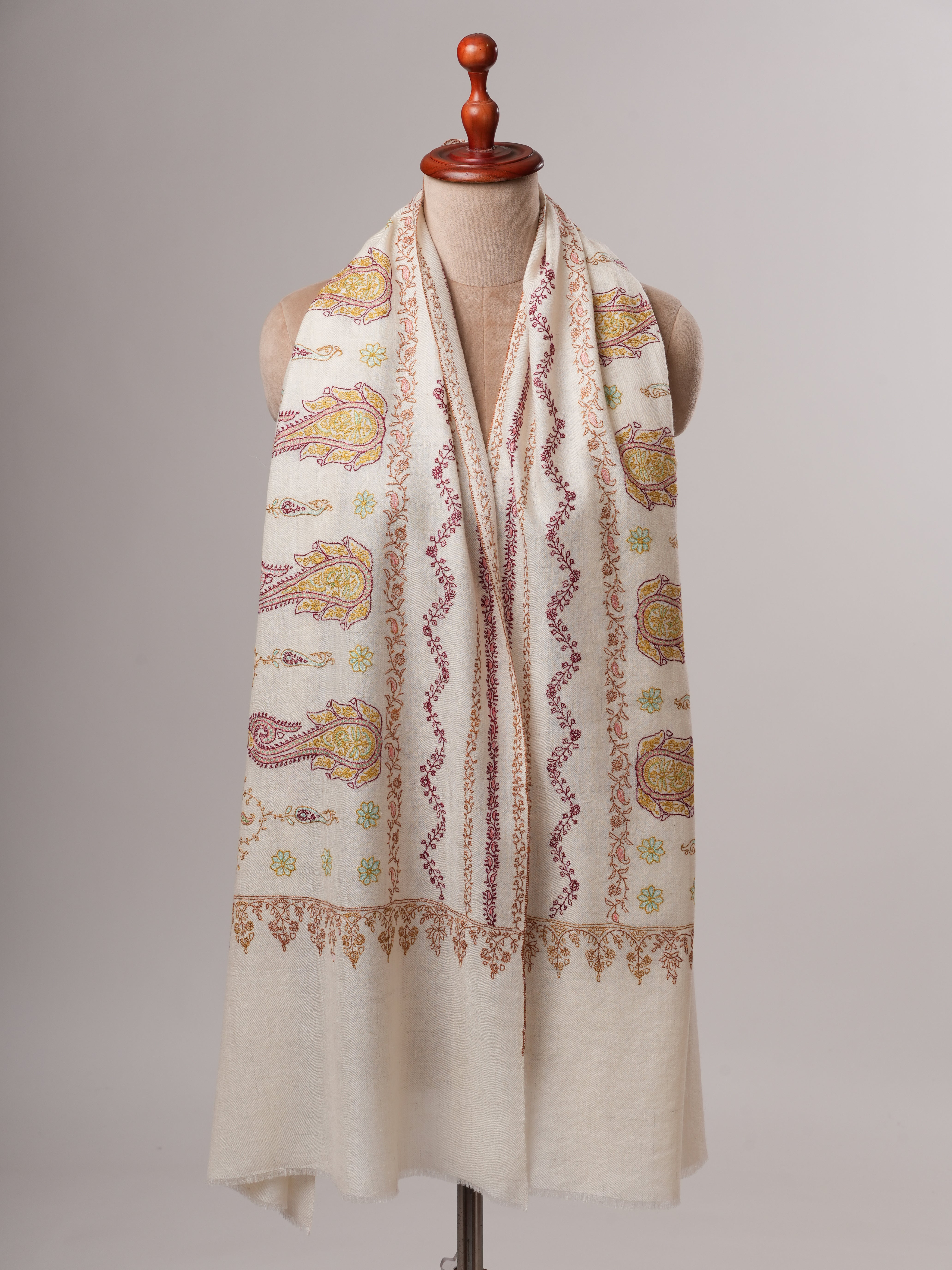 Soft Ivory Cashmere Scarf with Fine Embroidered Detailing Shahkaar