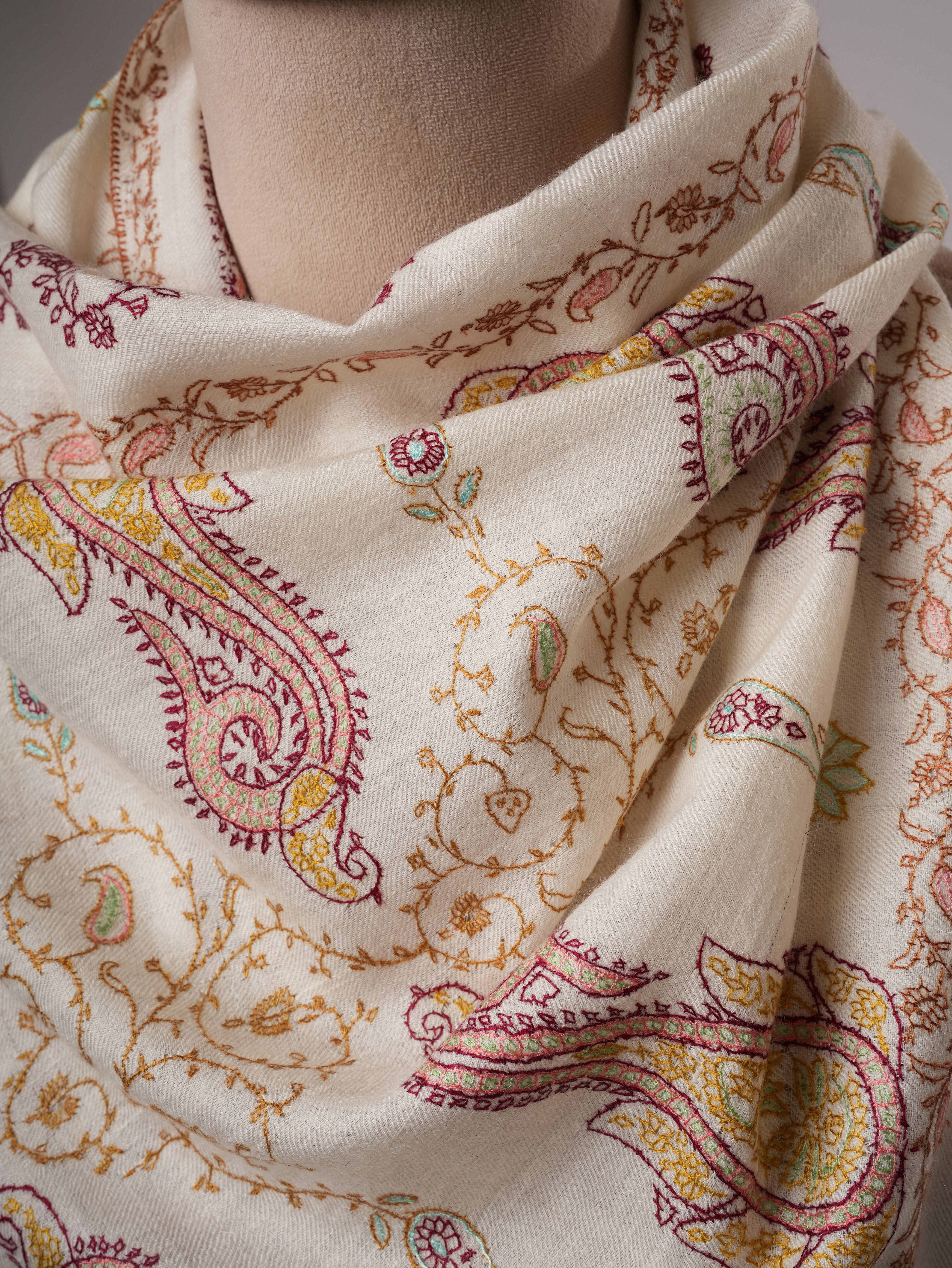 Soft Ivory Cashmere Scarf with Fine Embroidered Detailing Shahkaar