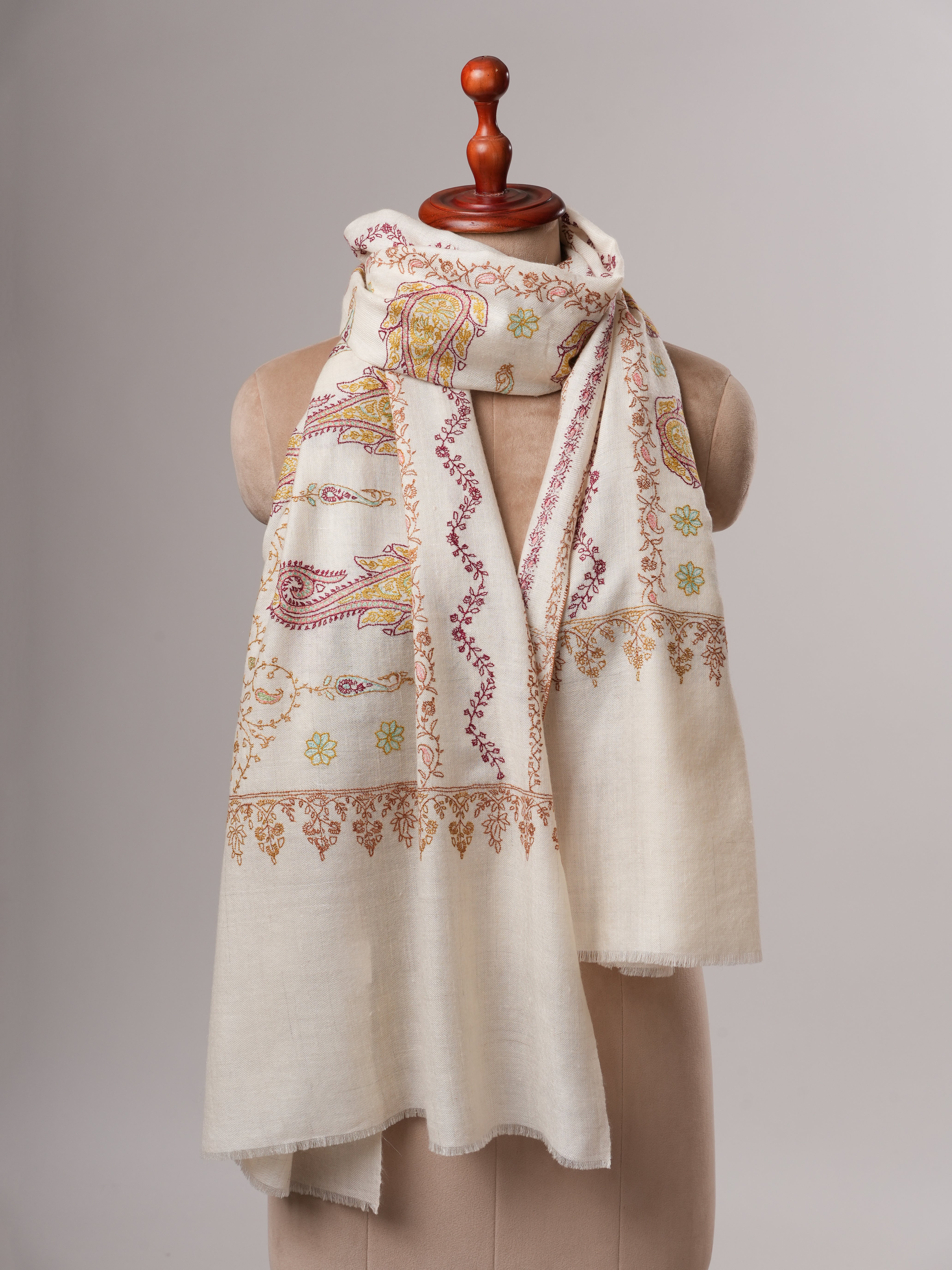 Soft Ivory Cashmere Scarf with Fine Embroidered Detailing Shahkaar