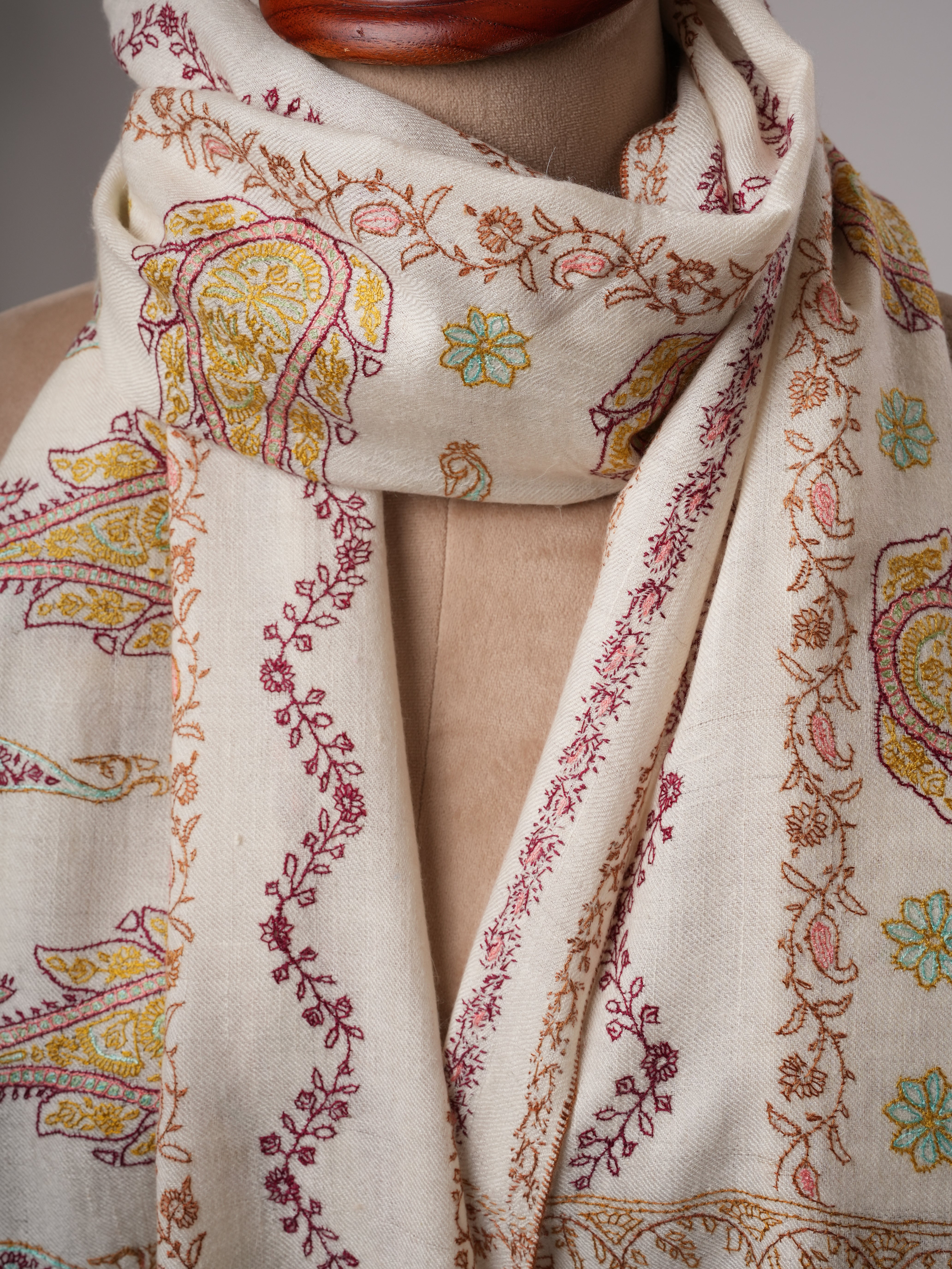 Soft Ivory Cashmere Scarf with Fine Embroidered Detailing Shahkaar