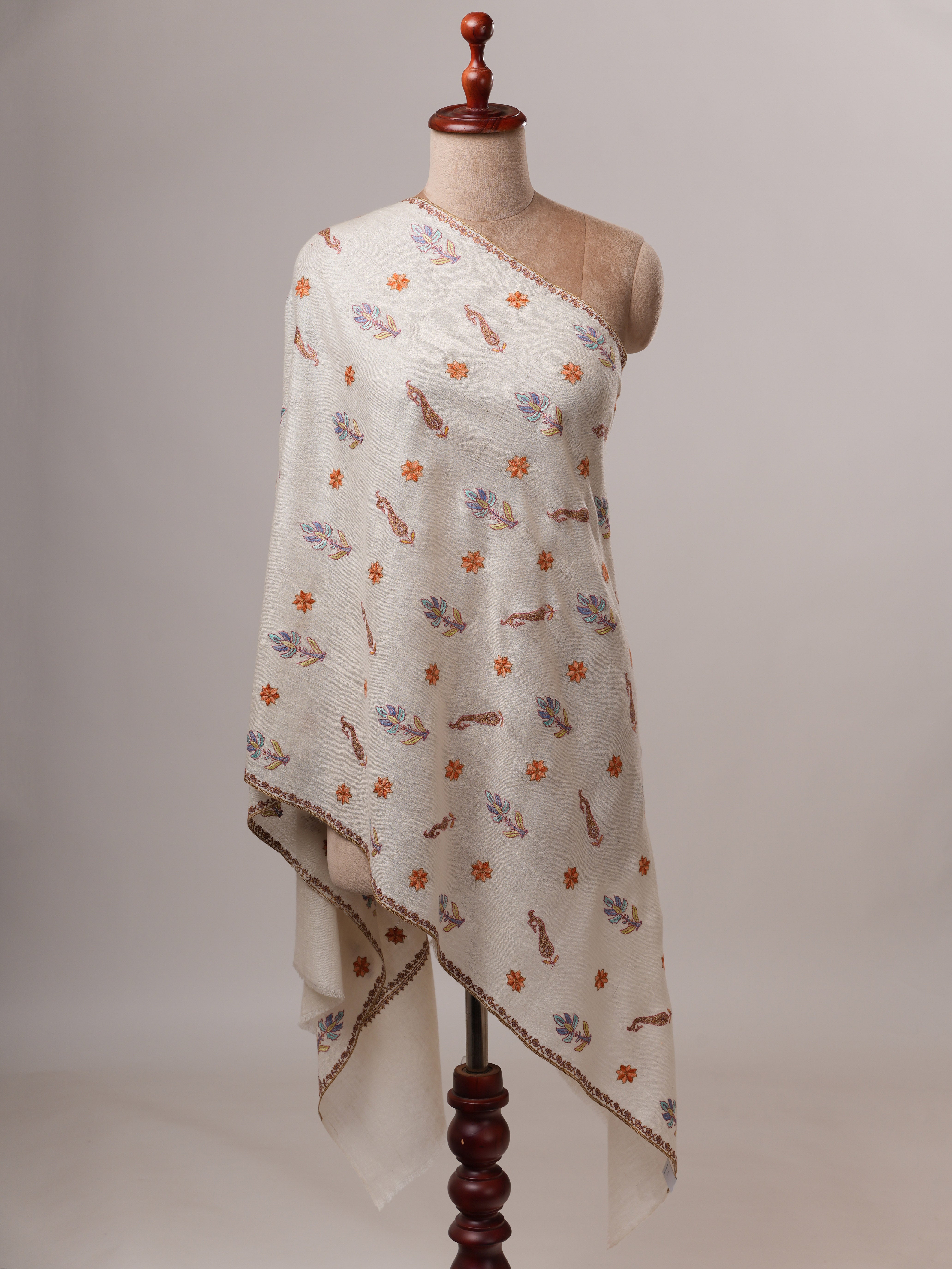 Natural White Indian Cashmere Scarf with All-Over Buteh Hand Embroidery Shahkaar