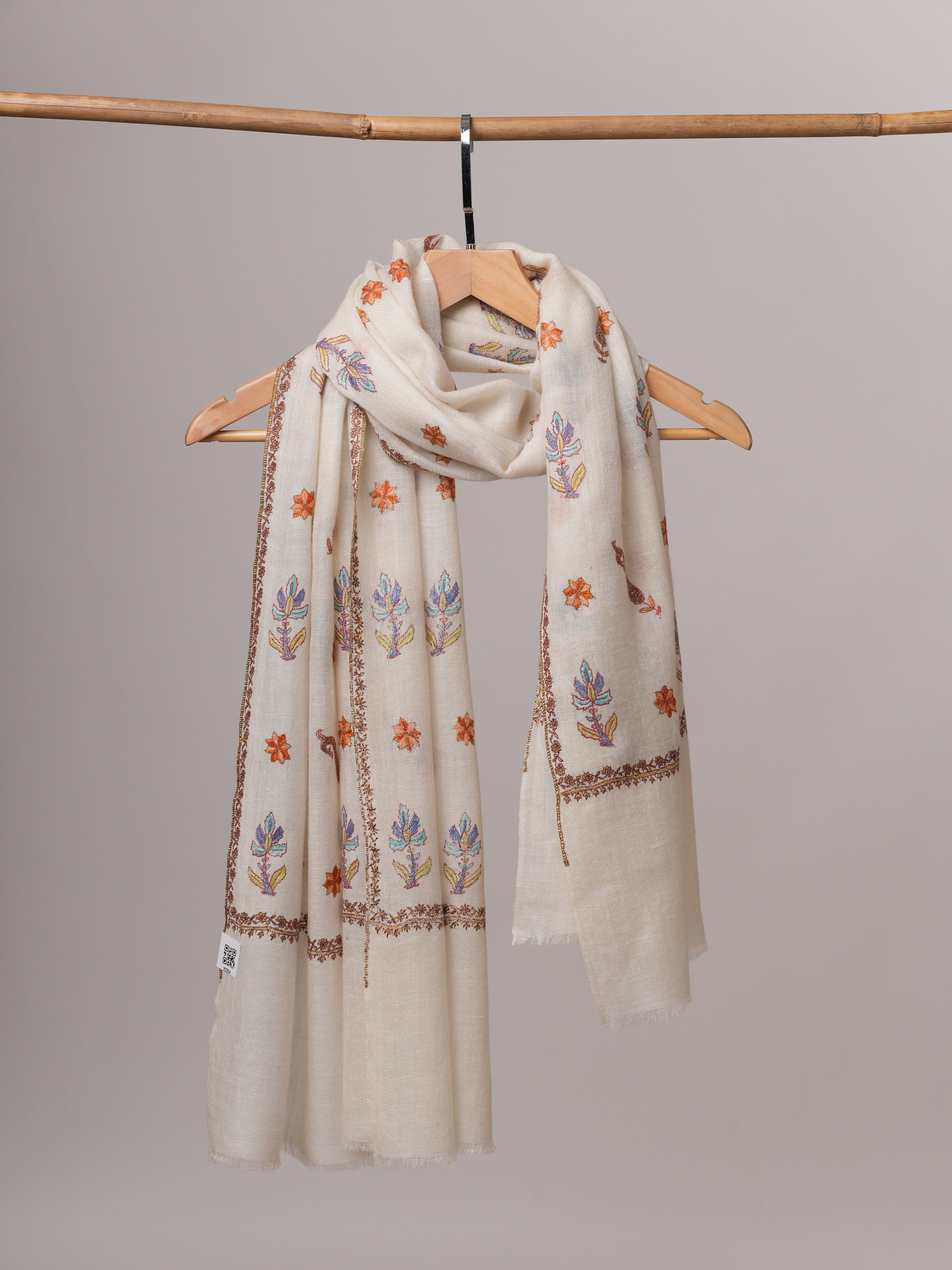 Natural White Indian Cashmere Scarf with All-Over Buteh Hand Embroidery Shahkaar