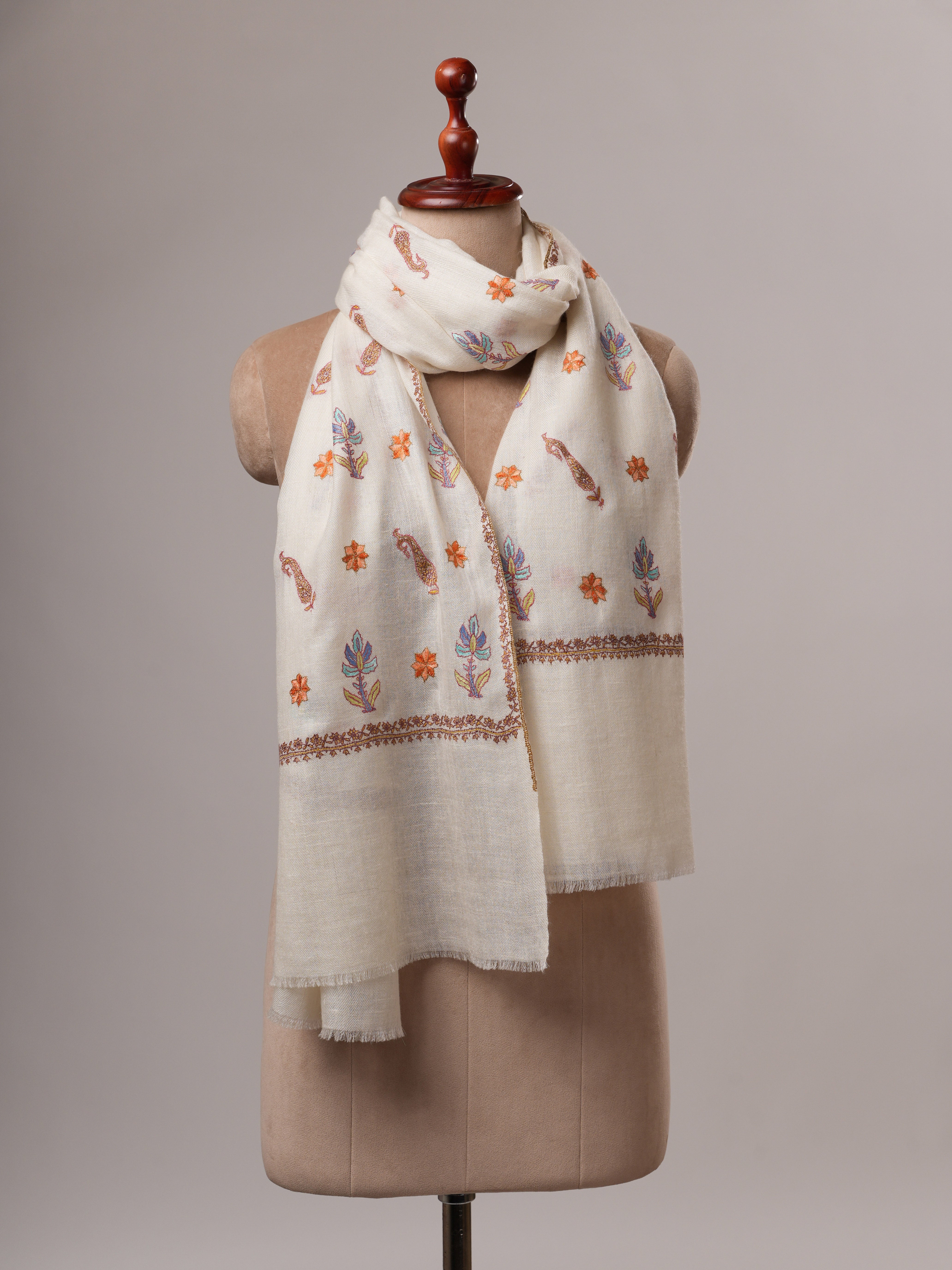 Natural White Indian Cashmere Scarf with All-Over Buteh Hand Embroidery Shahkaar