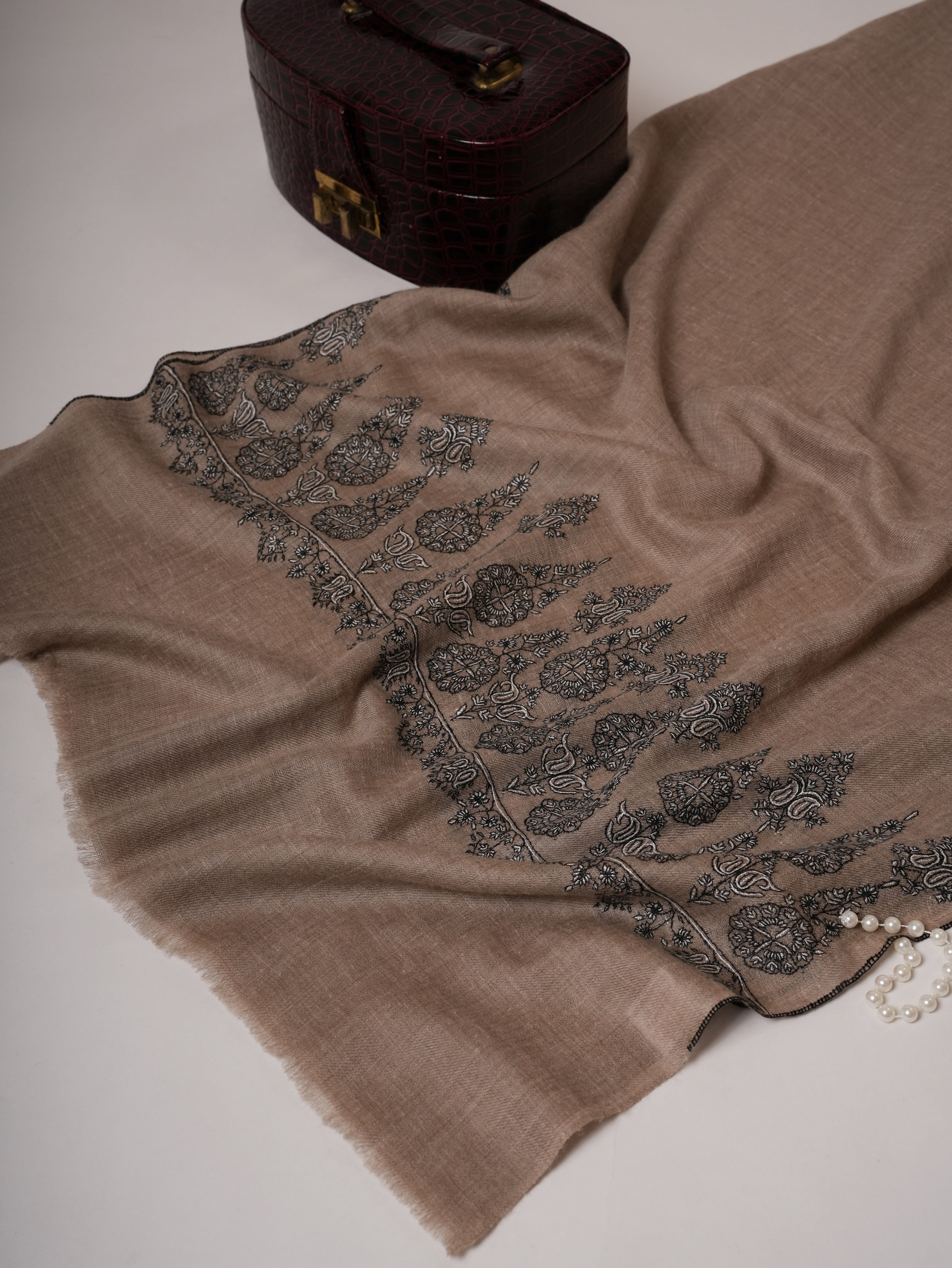 Handwoven Natural Grey Cashmere Scarf with Black and White Palla Embroidery Shahkaar