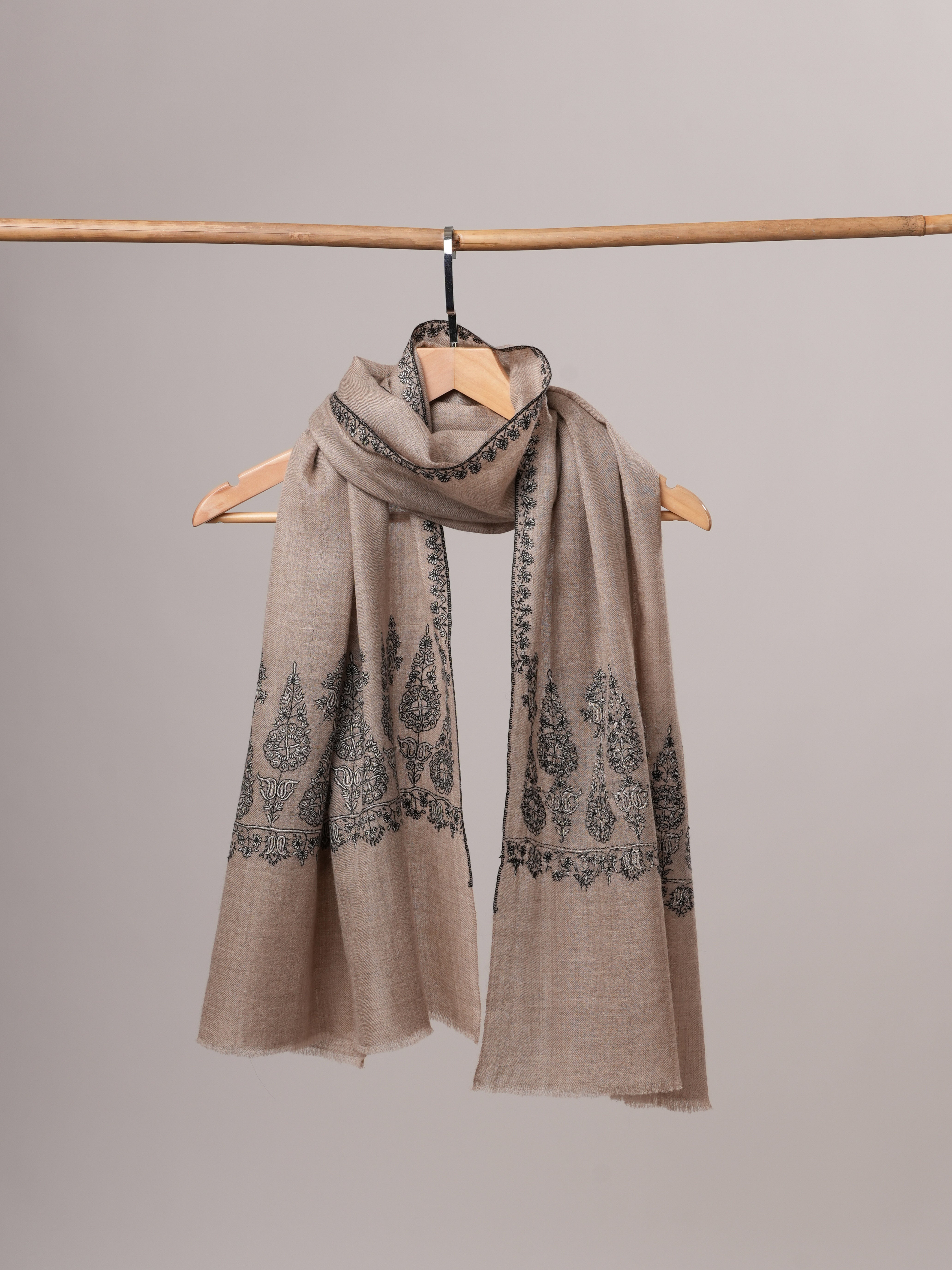 Handwoven Natural Grey Cashmere Scarf with Black and White Palla Embroidery Shahkaar