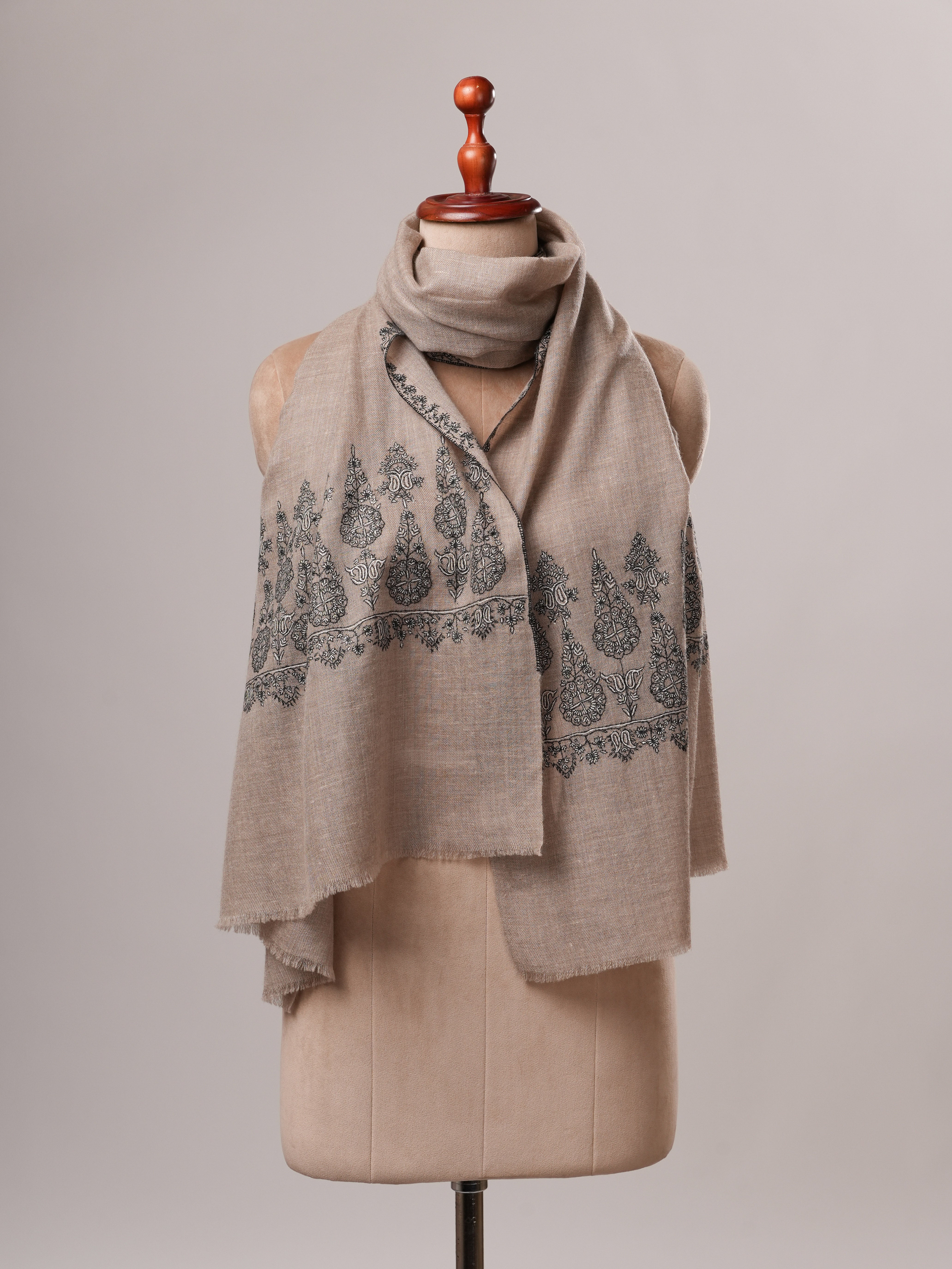 Handwoven Natural Grey Cashmere Scarf with Black and White Palla Embroidery Shahkaar