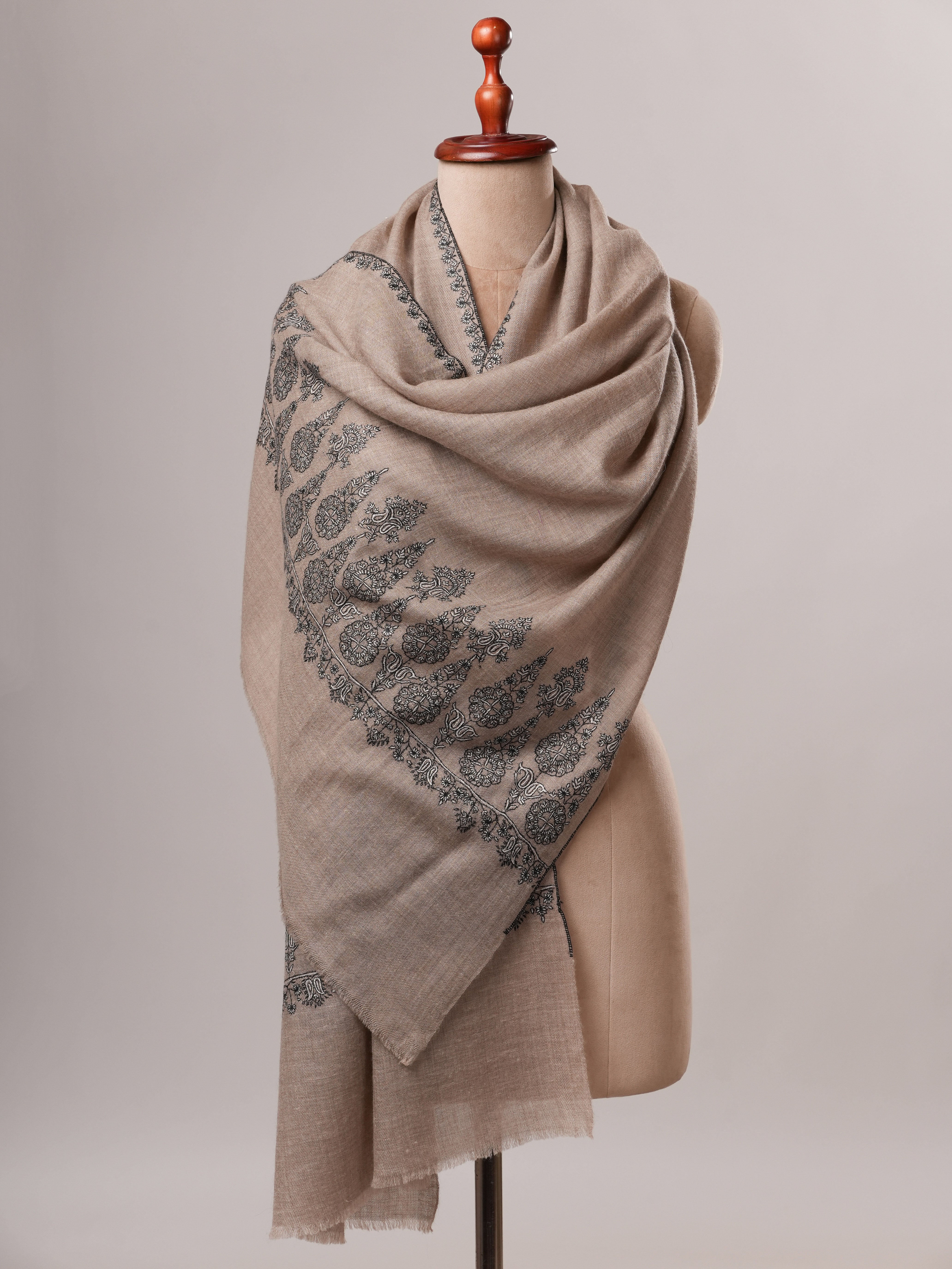 Handwoven Natural Grey Cashmere Scarf with Black and White Palla Embroidery Shahkaar