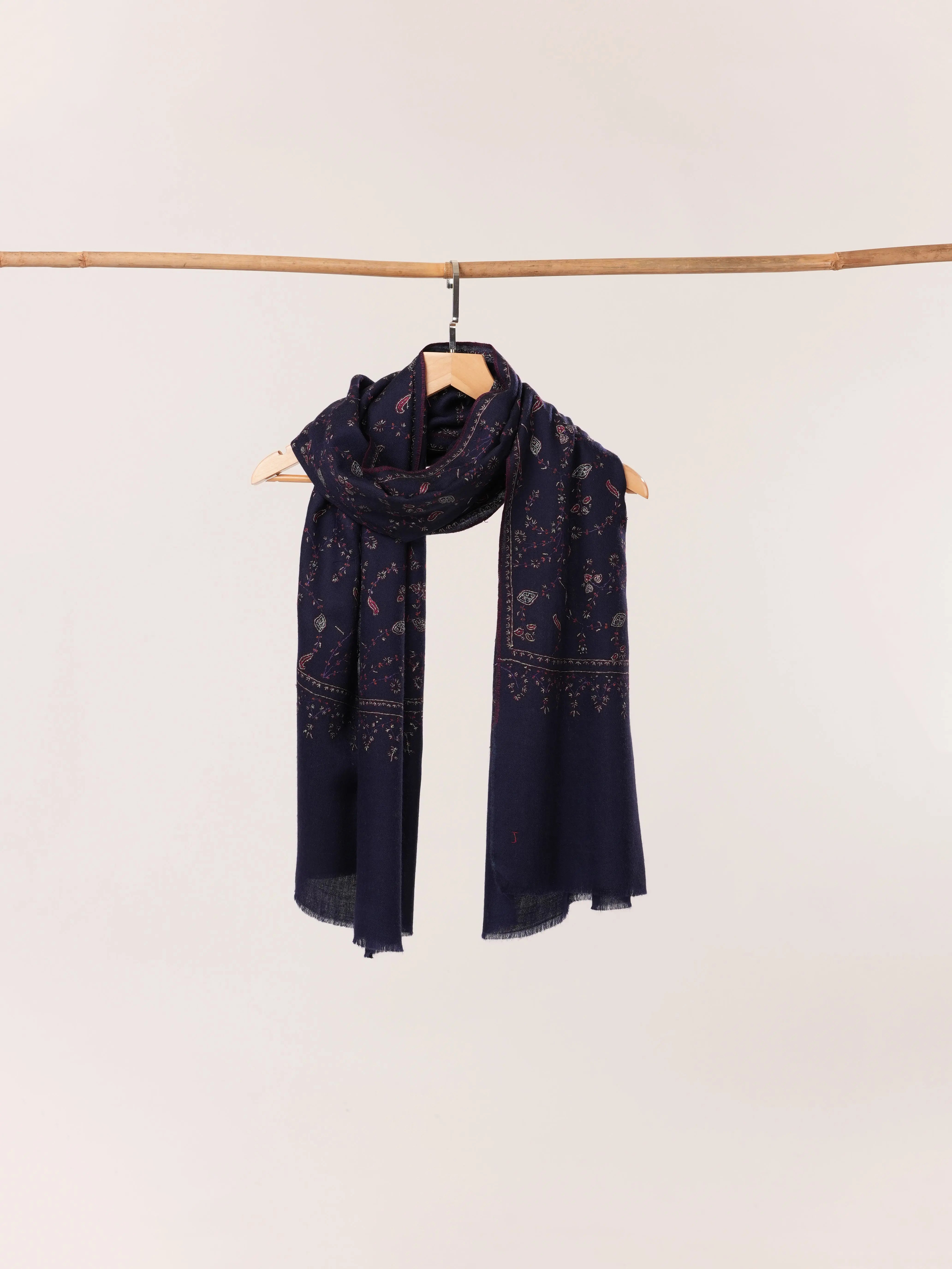 Dark Blue Cashmere Kashmiri Handwoven Scarf with Jali Embroidery Shahkaar.com