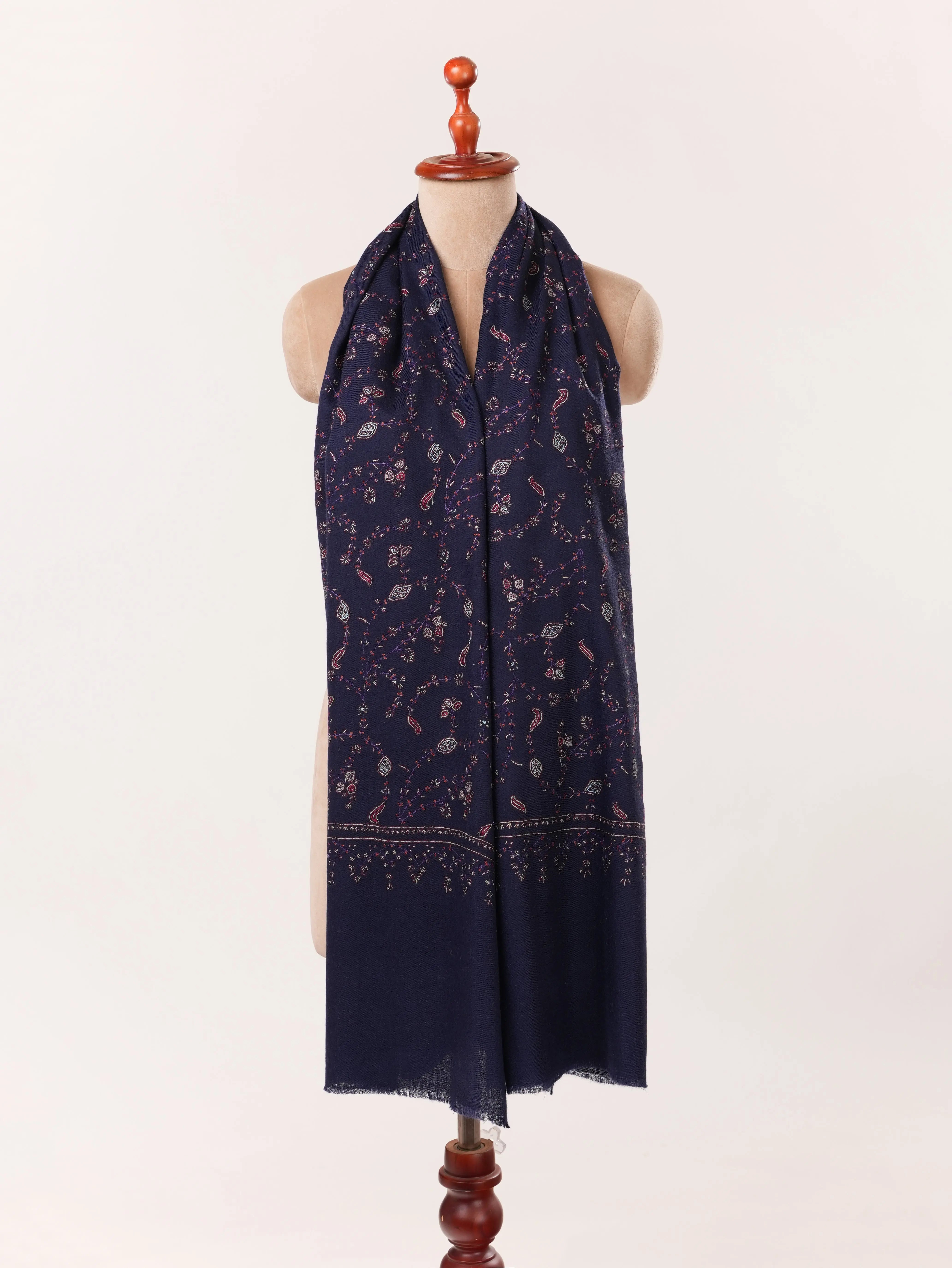 Dark Blue Cashmere Kashmiri Handwoven Scarf with Jali Embroidery Shahkaar.com
