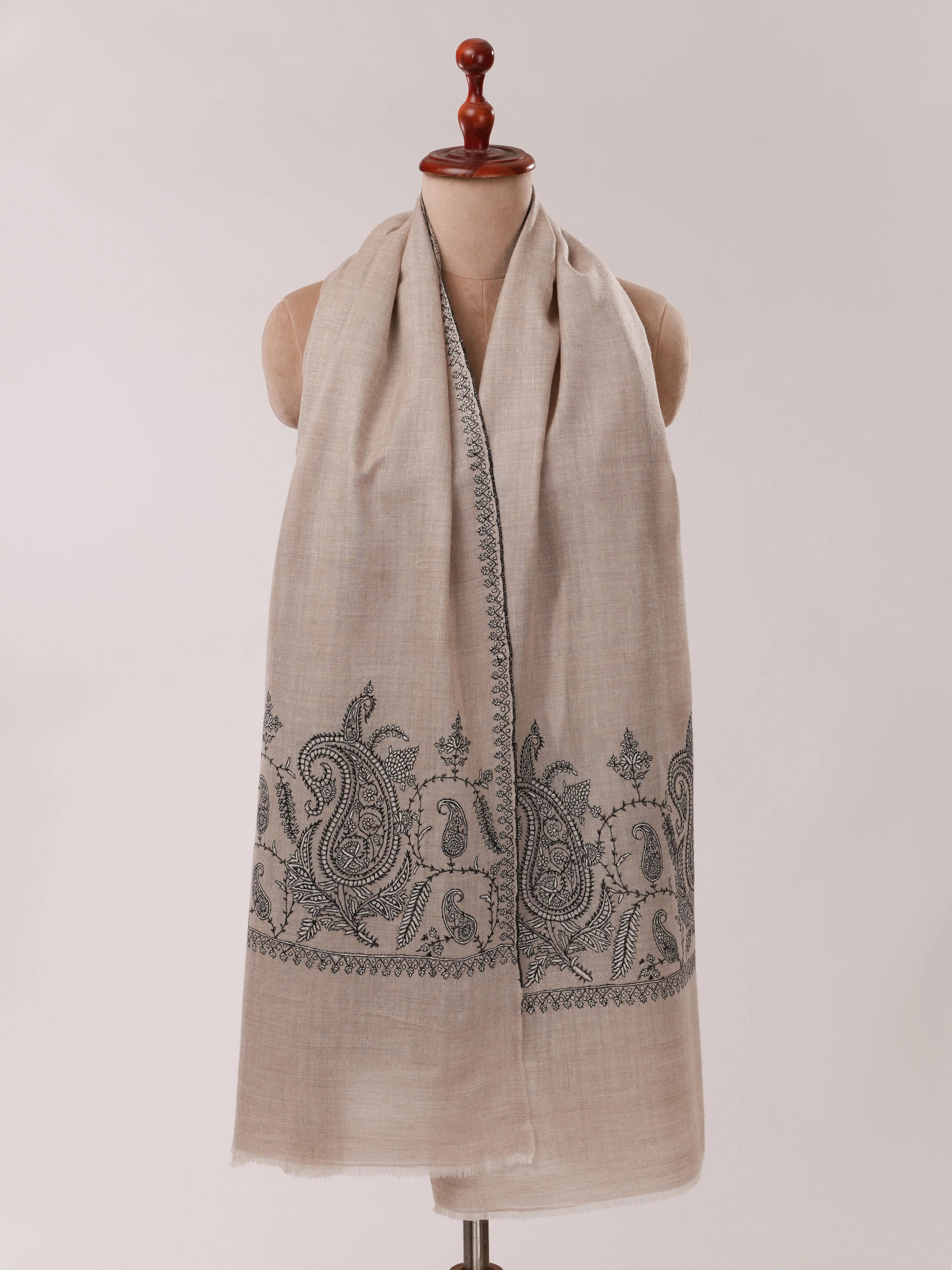 Natural Grey Cashmere Scarf with Palla Paisley Hand Embroidery Shahkaar.com