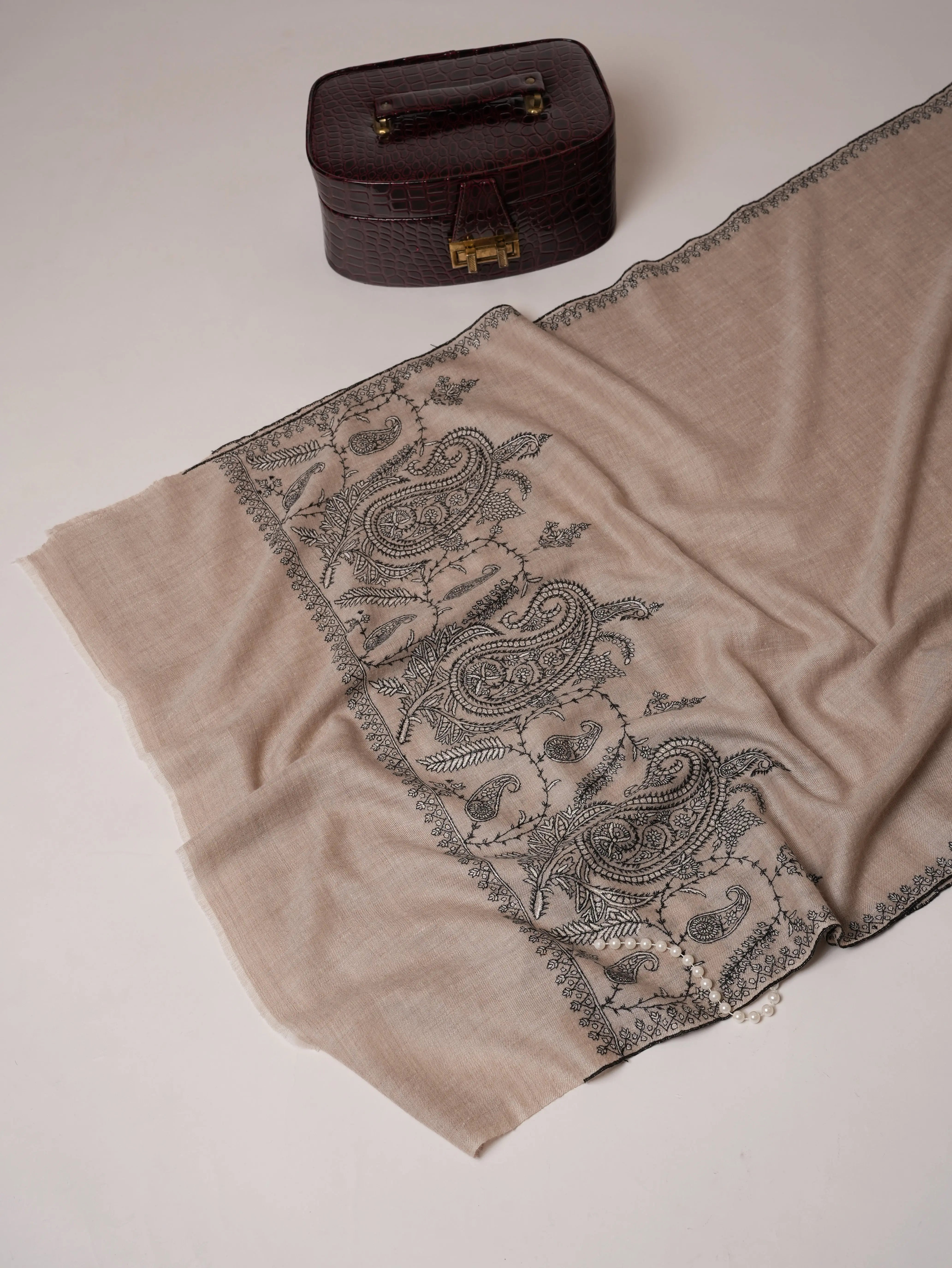 Natural Grey Cashmere Scarf with Palla Paisley Hand Embroidery Shahkaar.com