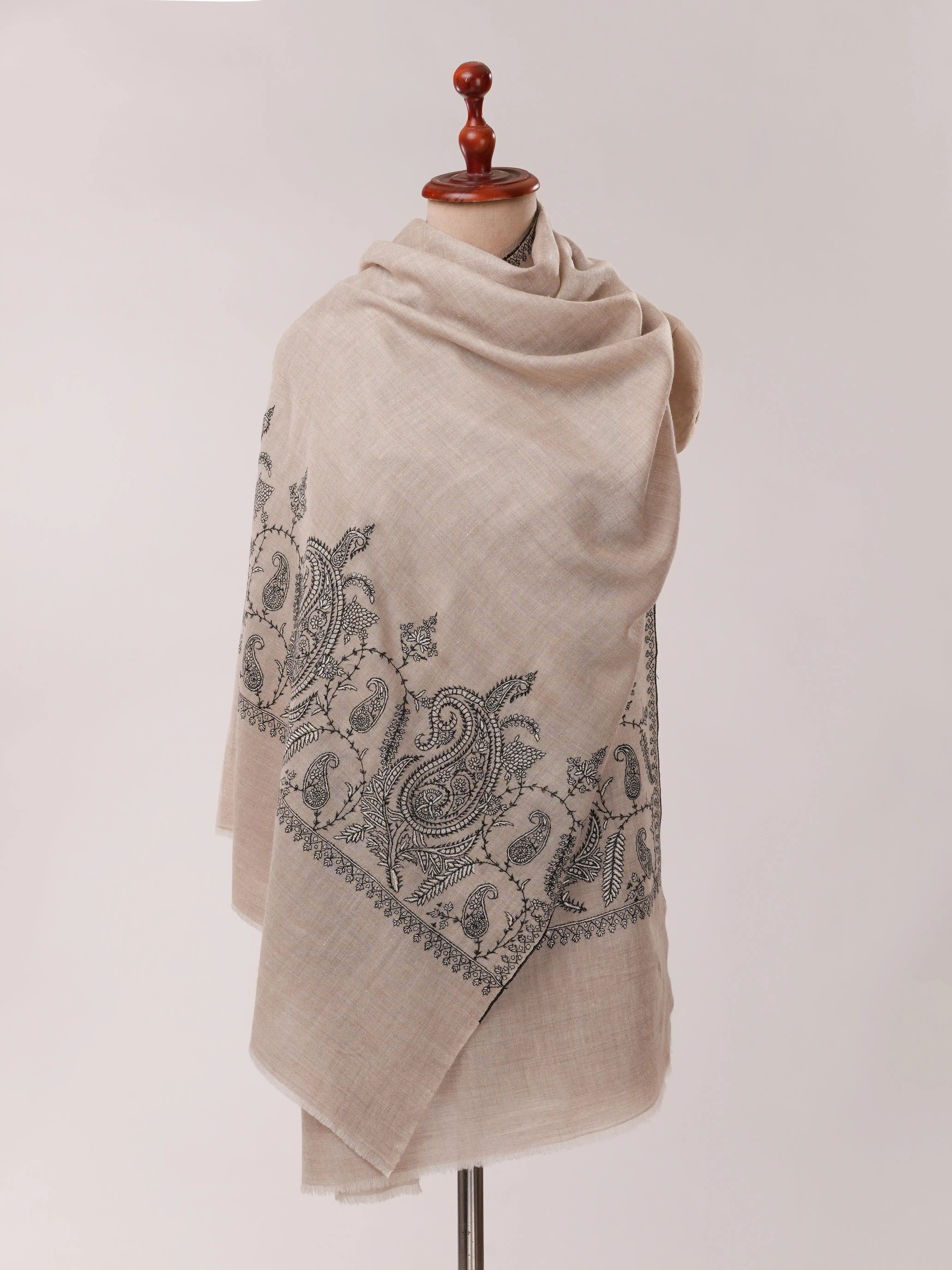 Natural Grey Cashmere Scarf with Palla Paisley Hand Embroidery Shahkaar.com