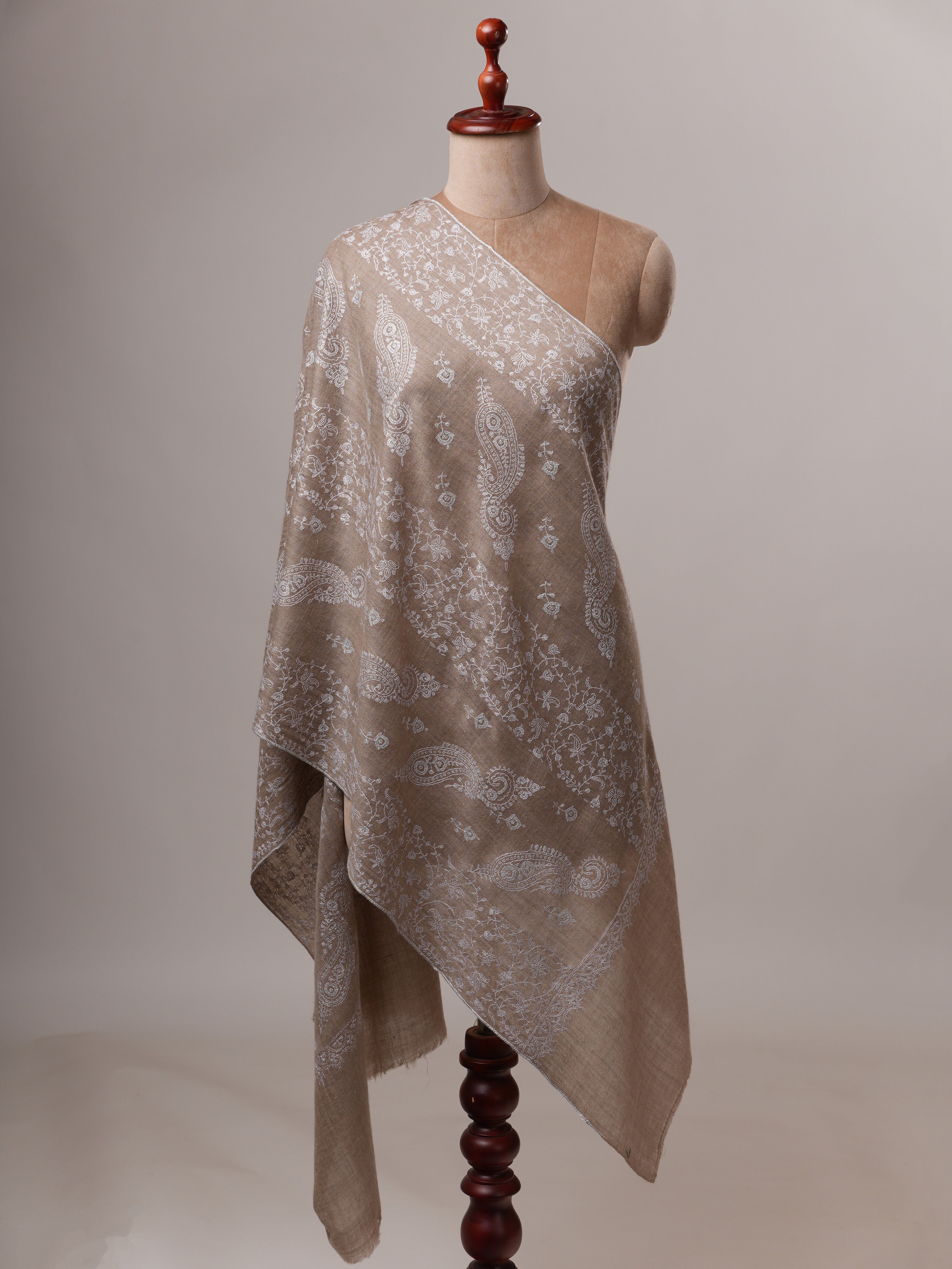 Handwoven Natural Grey Cashmere Scarf with White Embroidery Shahkaar