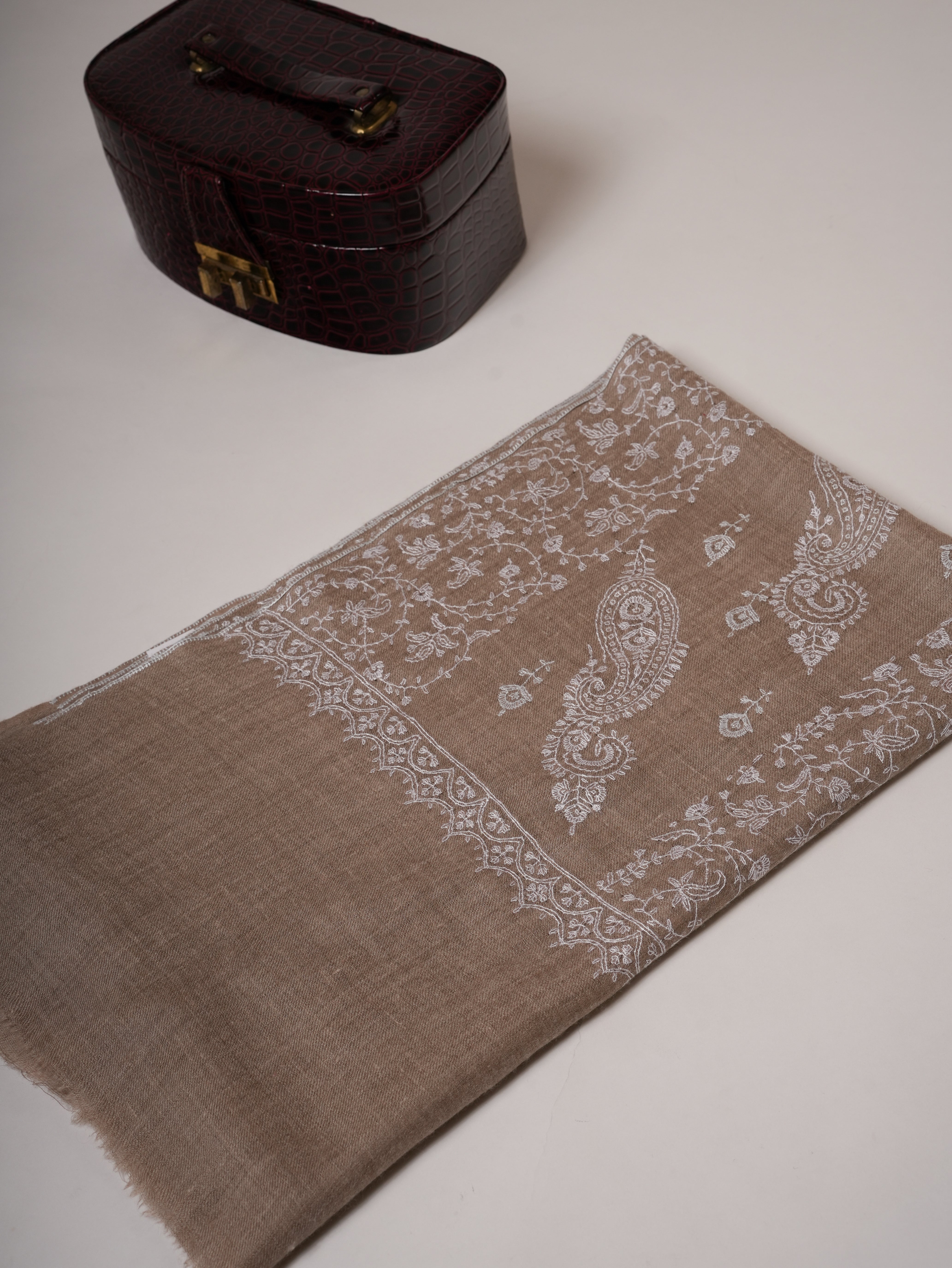 Handwoven Natural Grey Cashmere Scarf with White Embroidery Shahkaar