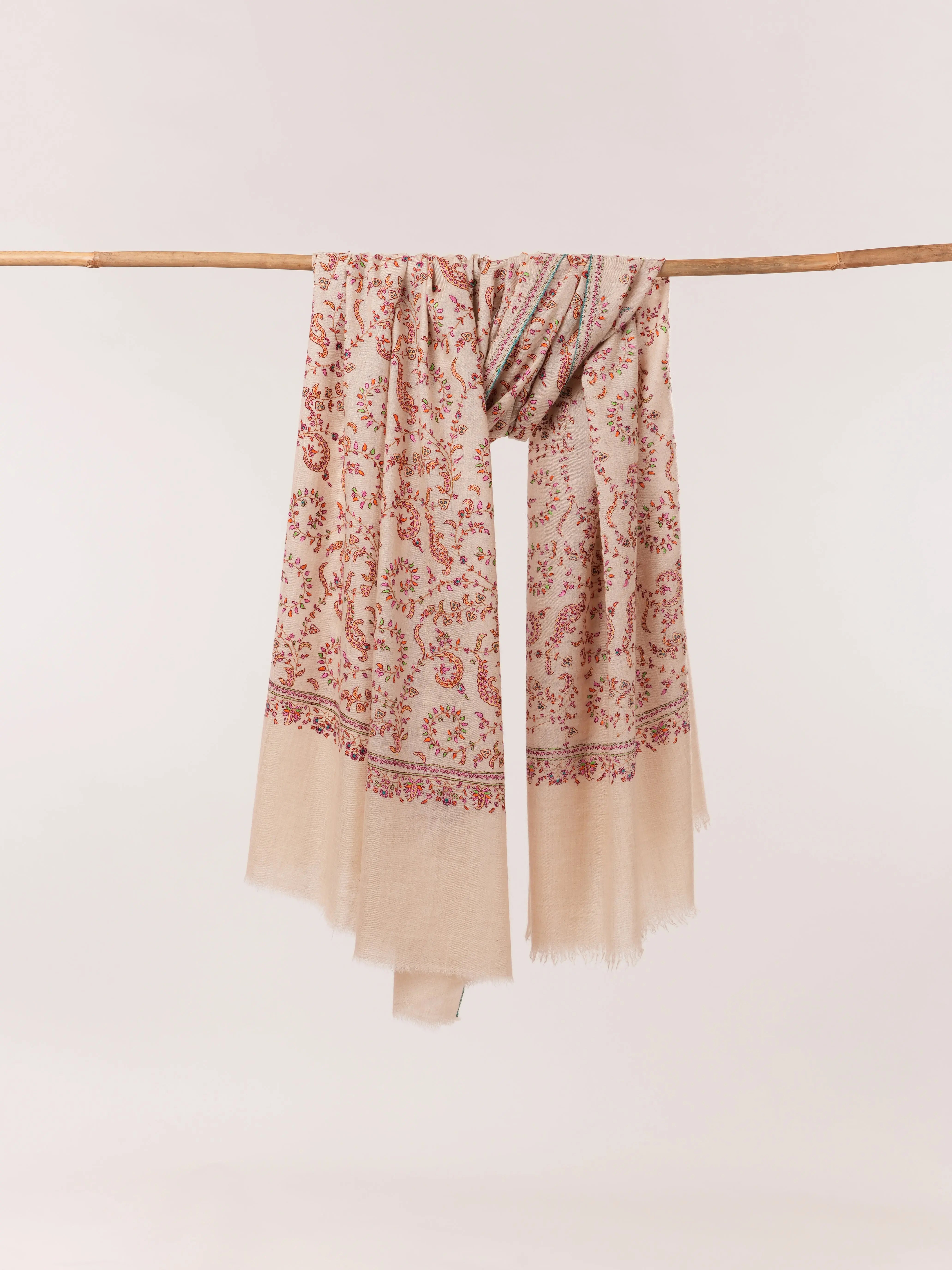 Natural Off White Hand Embroidered Pure Pashmina Shawl Shahkaar.com