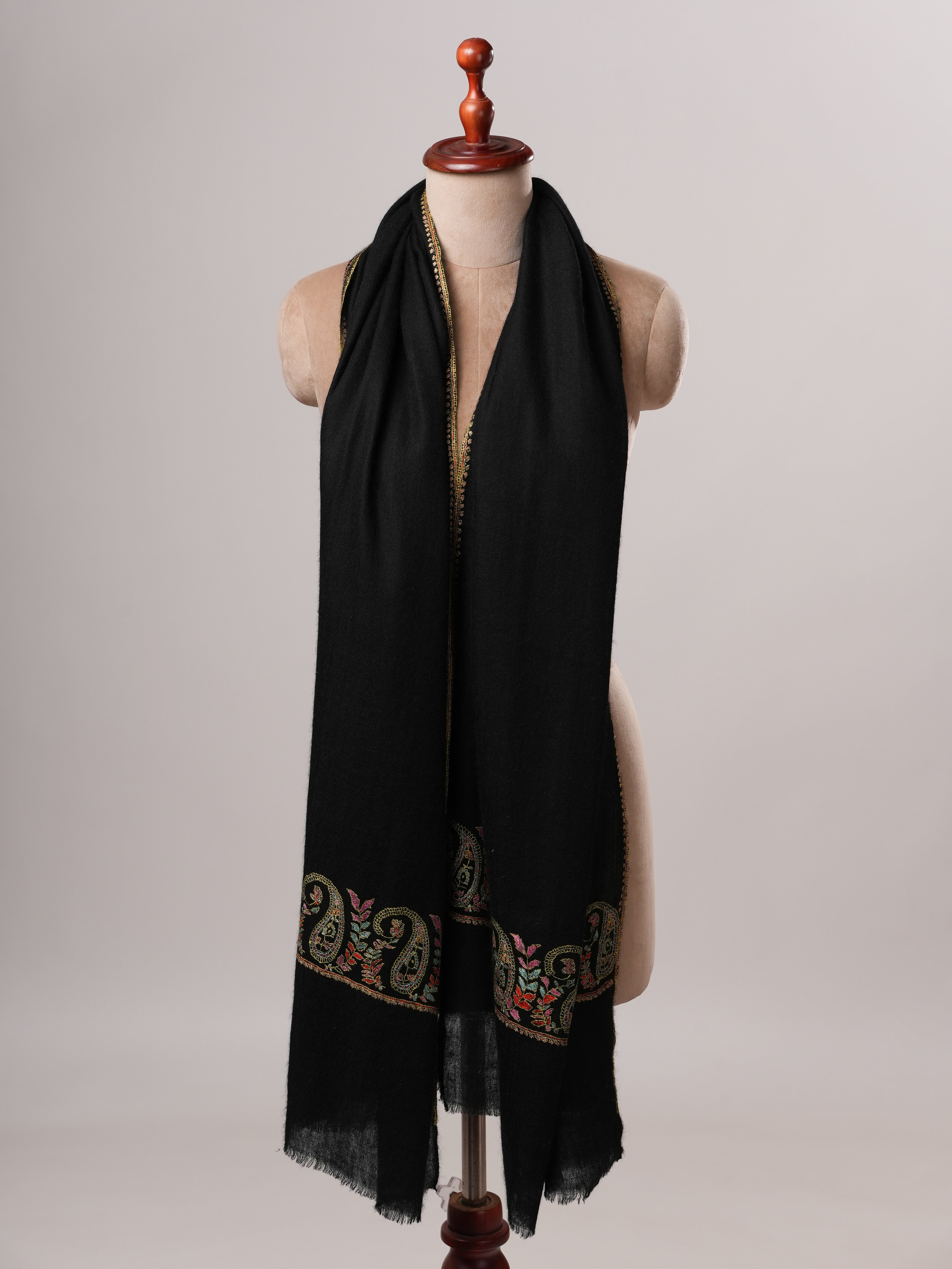 Contemporary Black Cashmere Scarf with Paisley Palla Embroidery Shahkaar