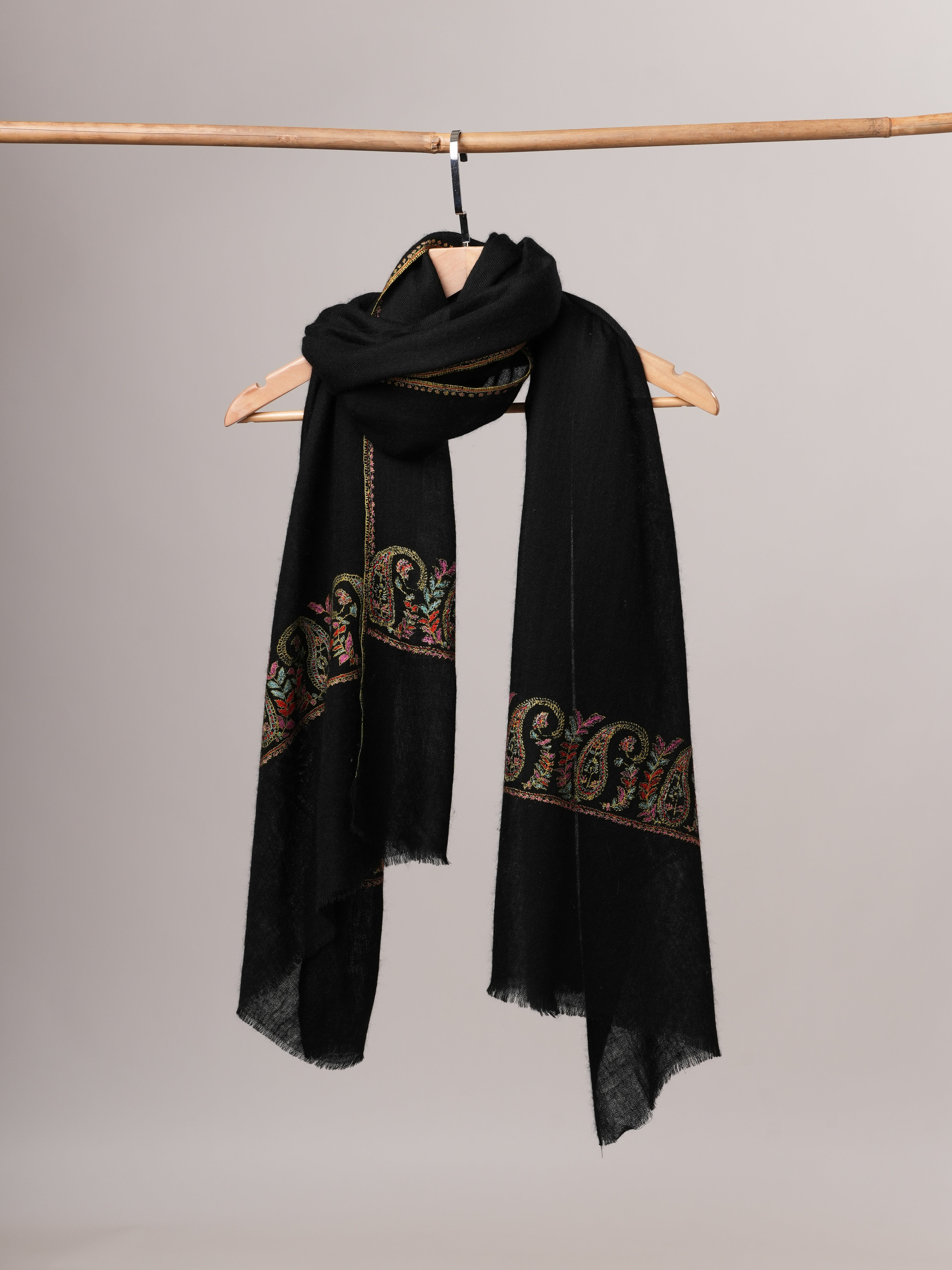 Contemporary Black Cashmere Scarf with Paisley Palla Embroidery Shahkaar