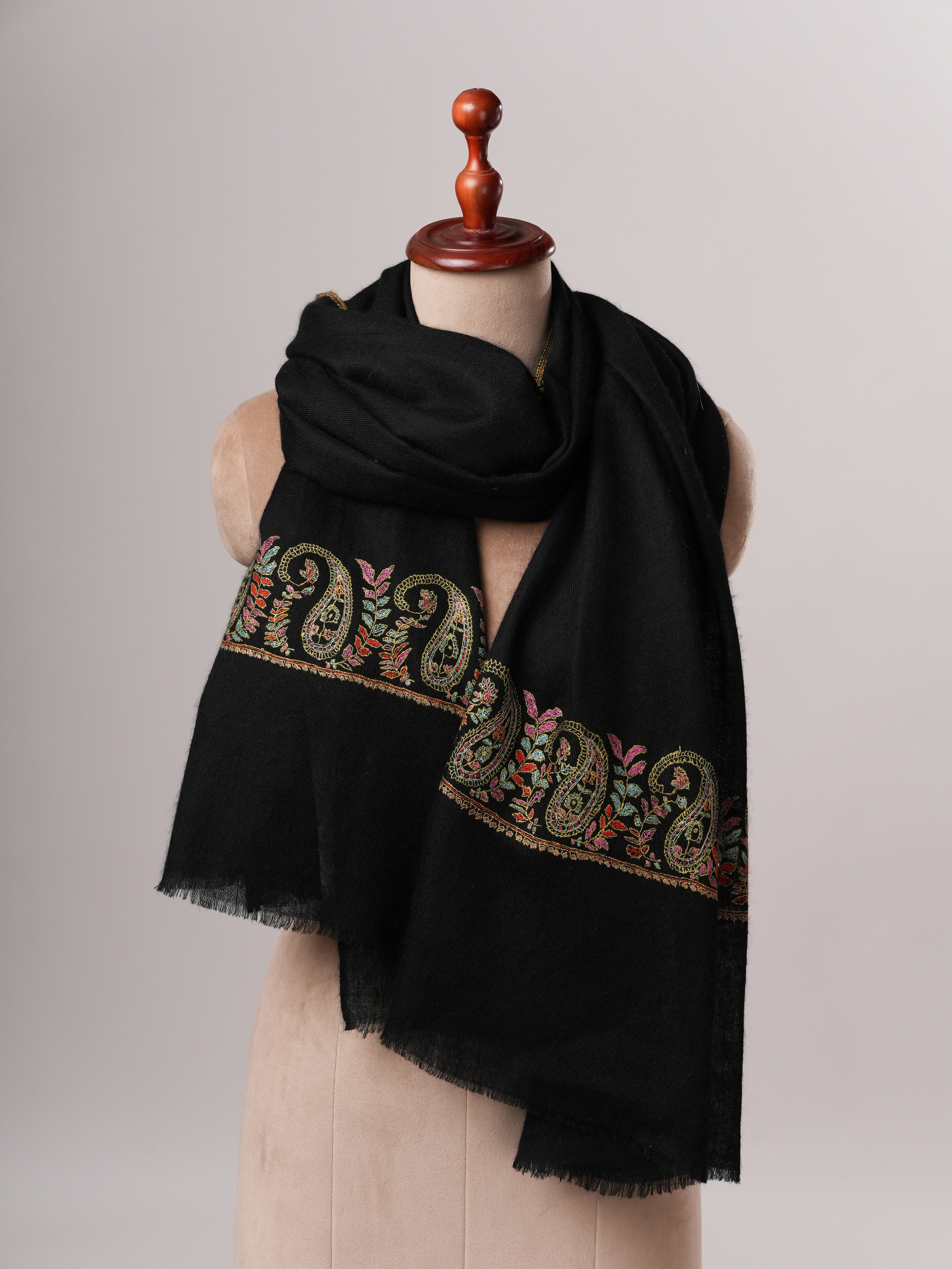 Contemporary Black Cashmere Scarf with Paisley Palla Embroidery Shahkaar