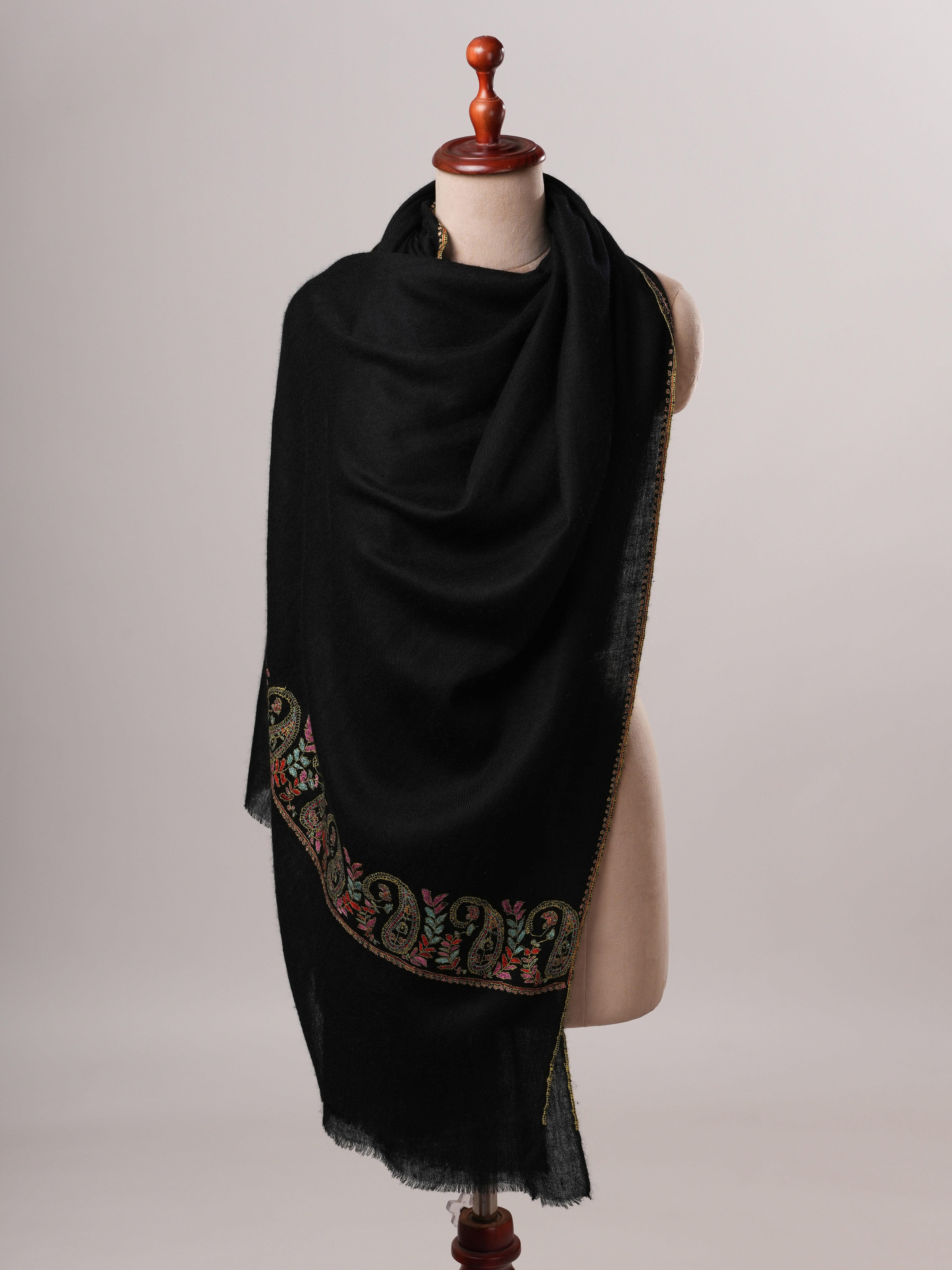 Contemporary Black Cashmere Scarf with Paisley Palla Embroidery Shahkaar