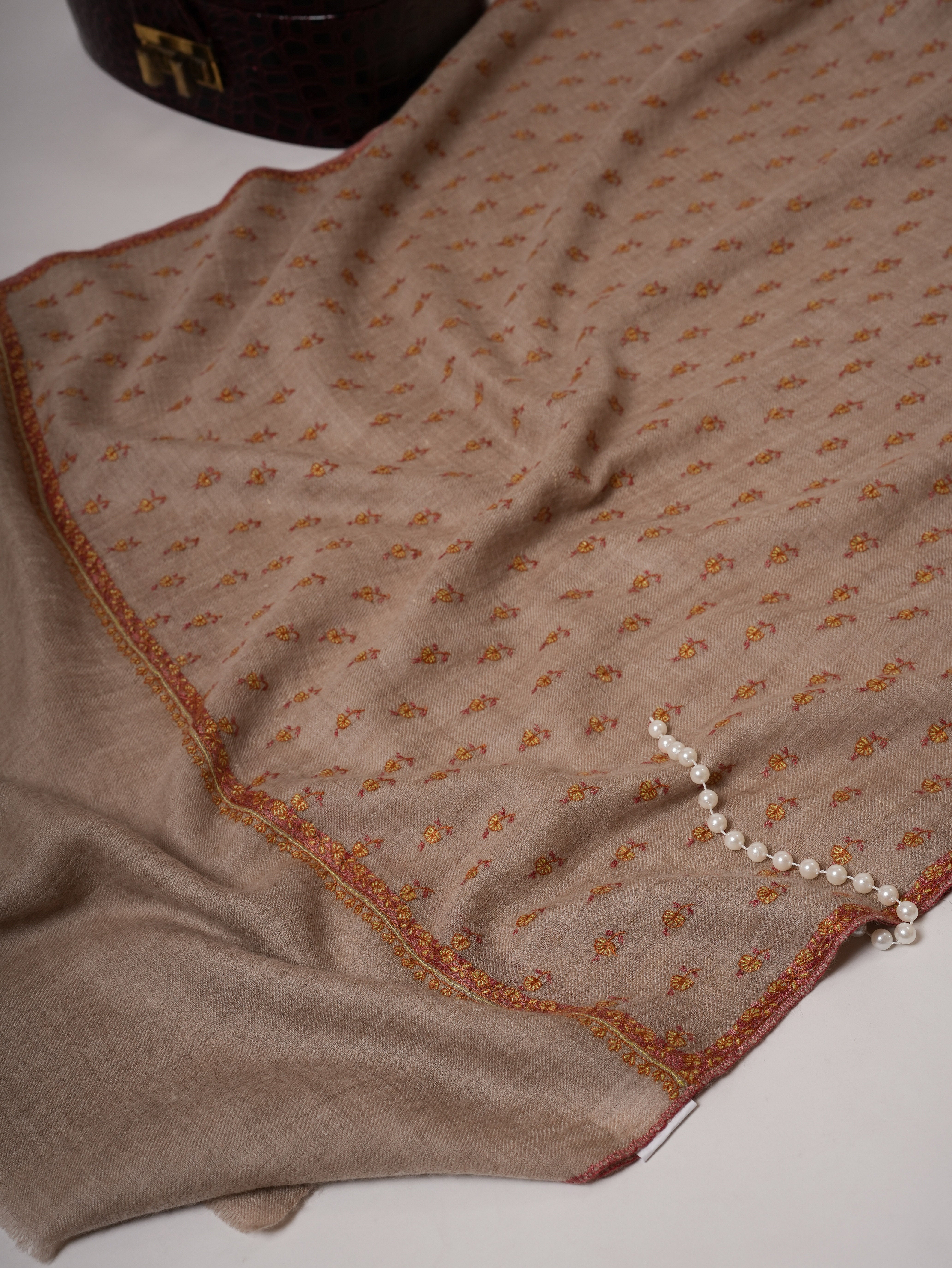 Natural Grey Cashmere Scarf with All-Over Machie Buteh Hand Embroidery Shahkaar