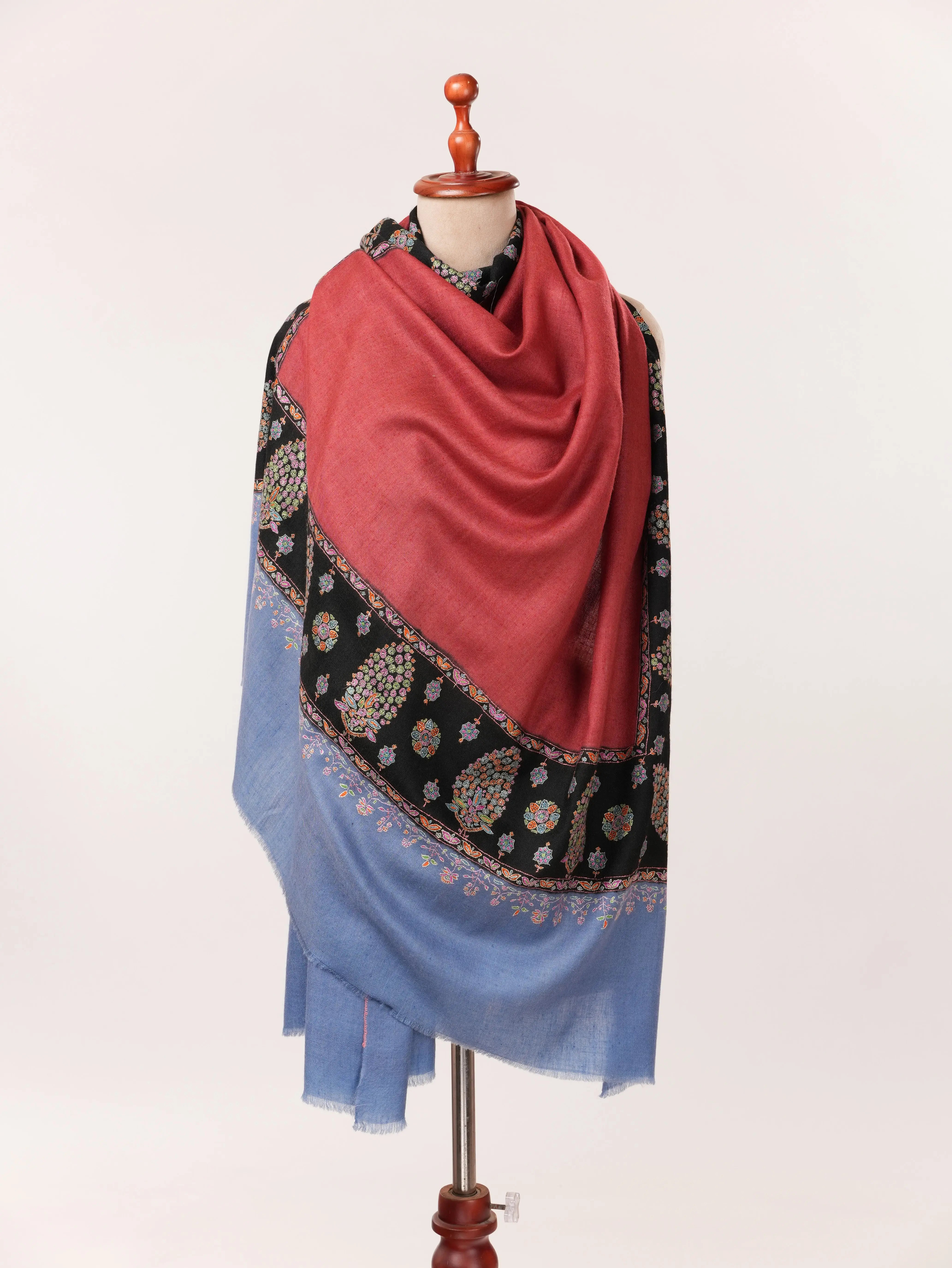 Luxurious Kalandaur Handwoven Kashmiri Shawl with Hand Sozni Border Embroidery In Red Black and Blue Shahkaar.com