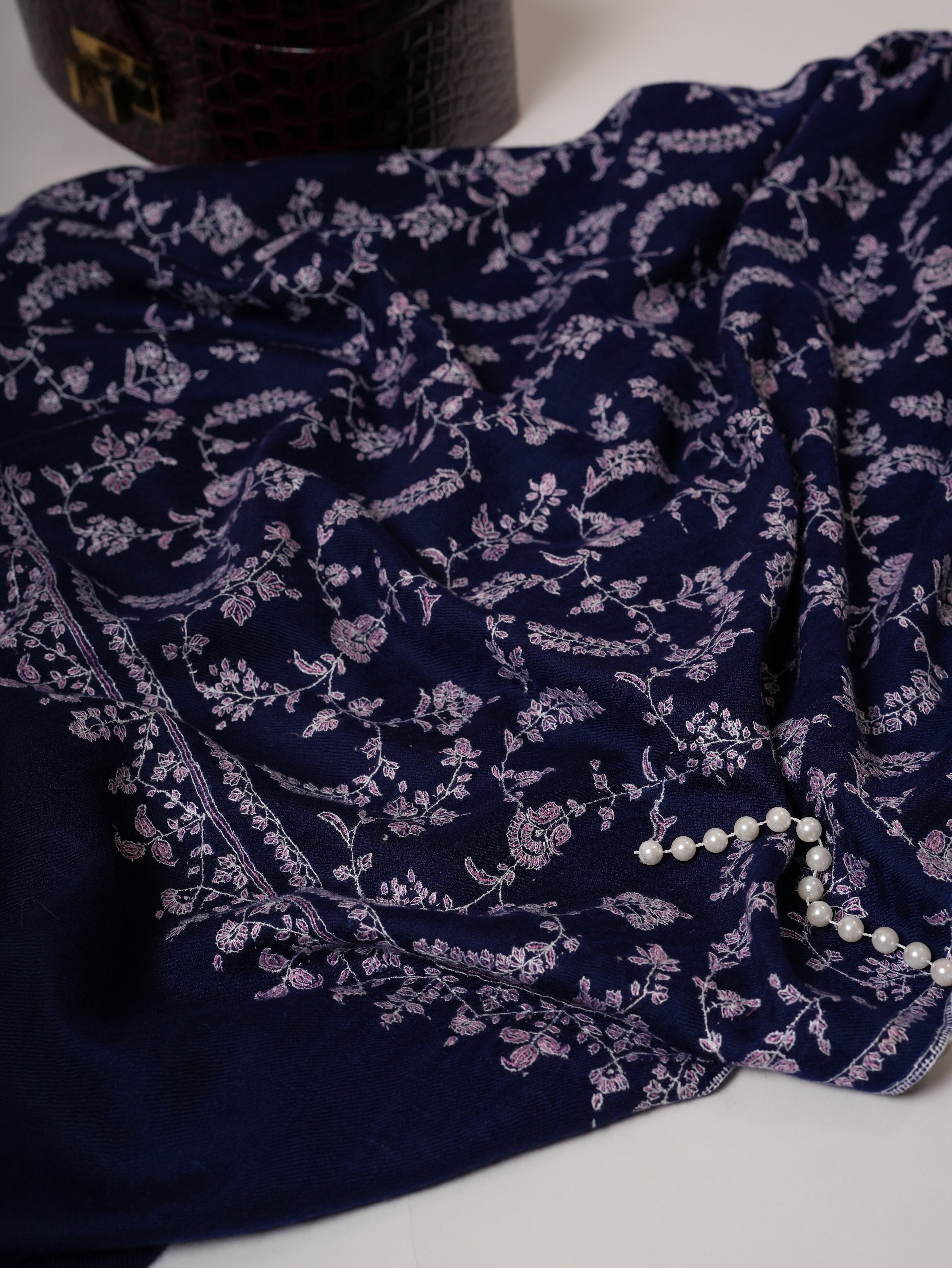 Dark Blue Baby Soft Cashmere Scarf with All Over Hand Embroidered Jali Shahkaar