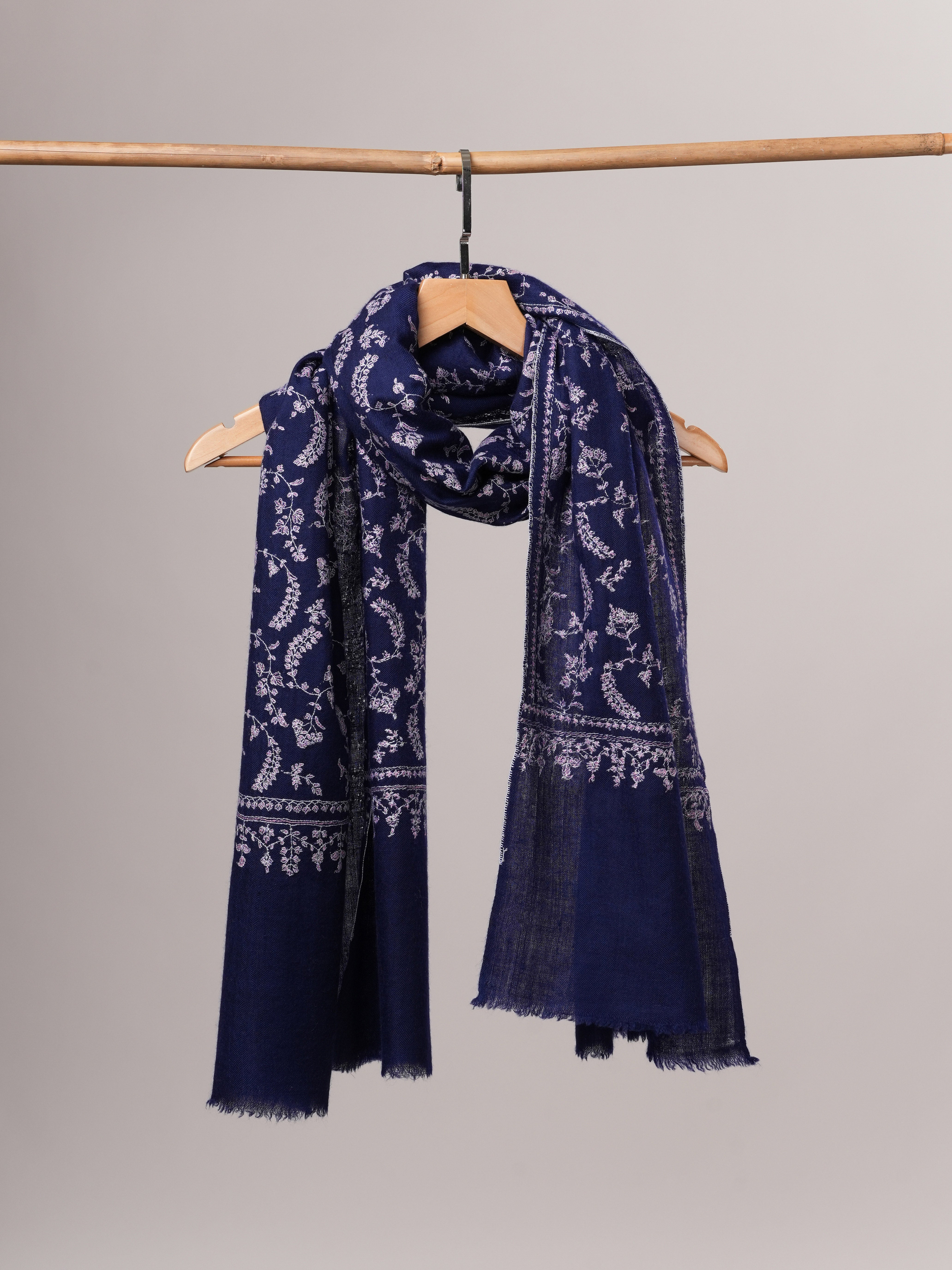 Dark Blue Baby Soft Cashmere Scarf with All Over Hand Embroidered Jali Shahkaar