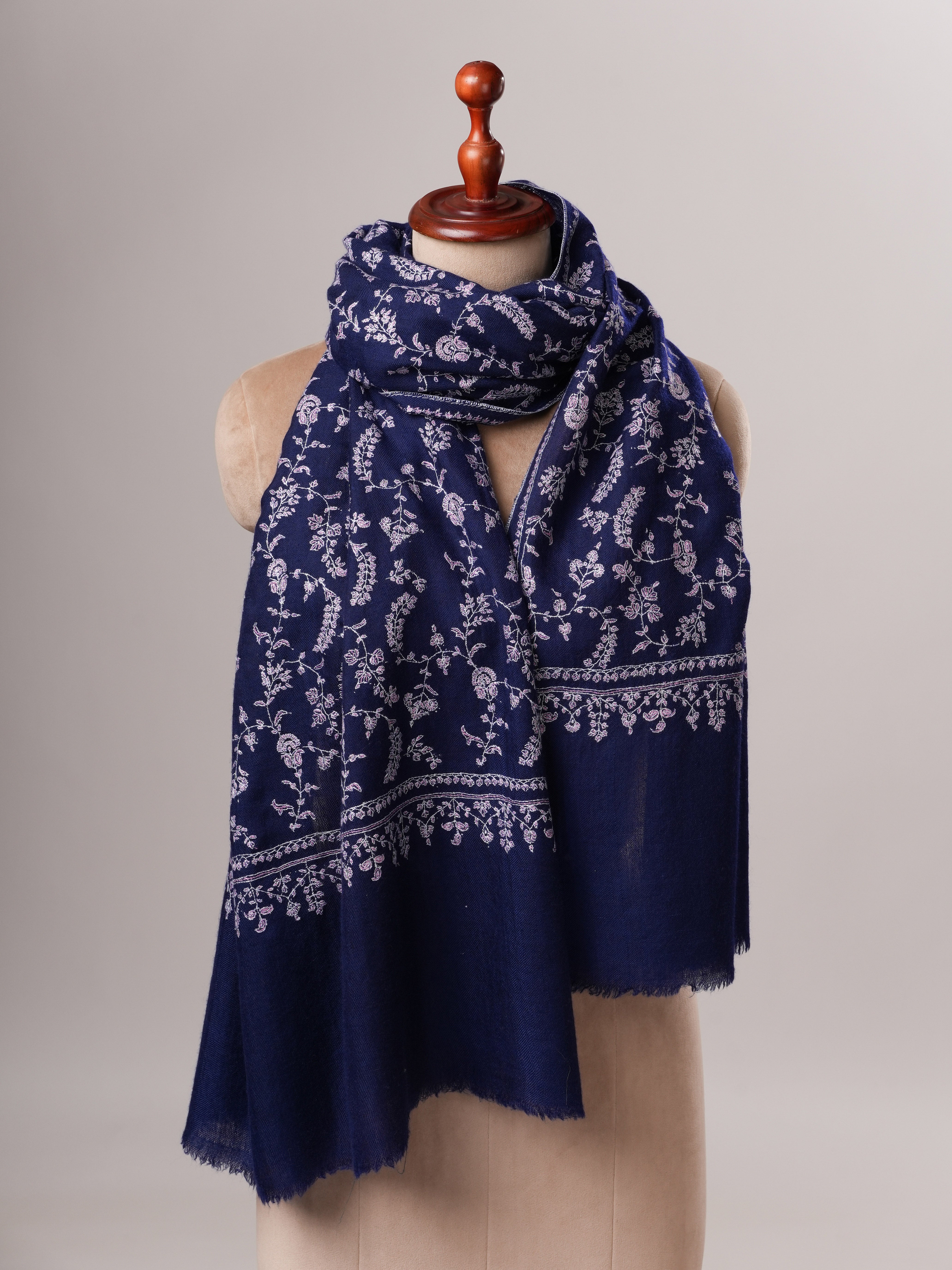 Dark Blue Baby Soft Cashmere Scarf with All Over Hand Embroidered Jali Shahkaar
