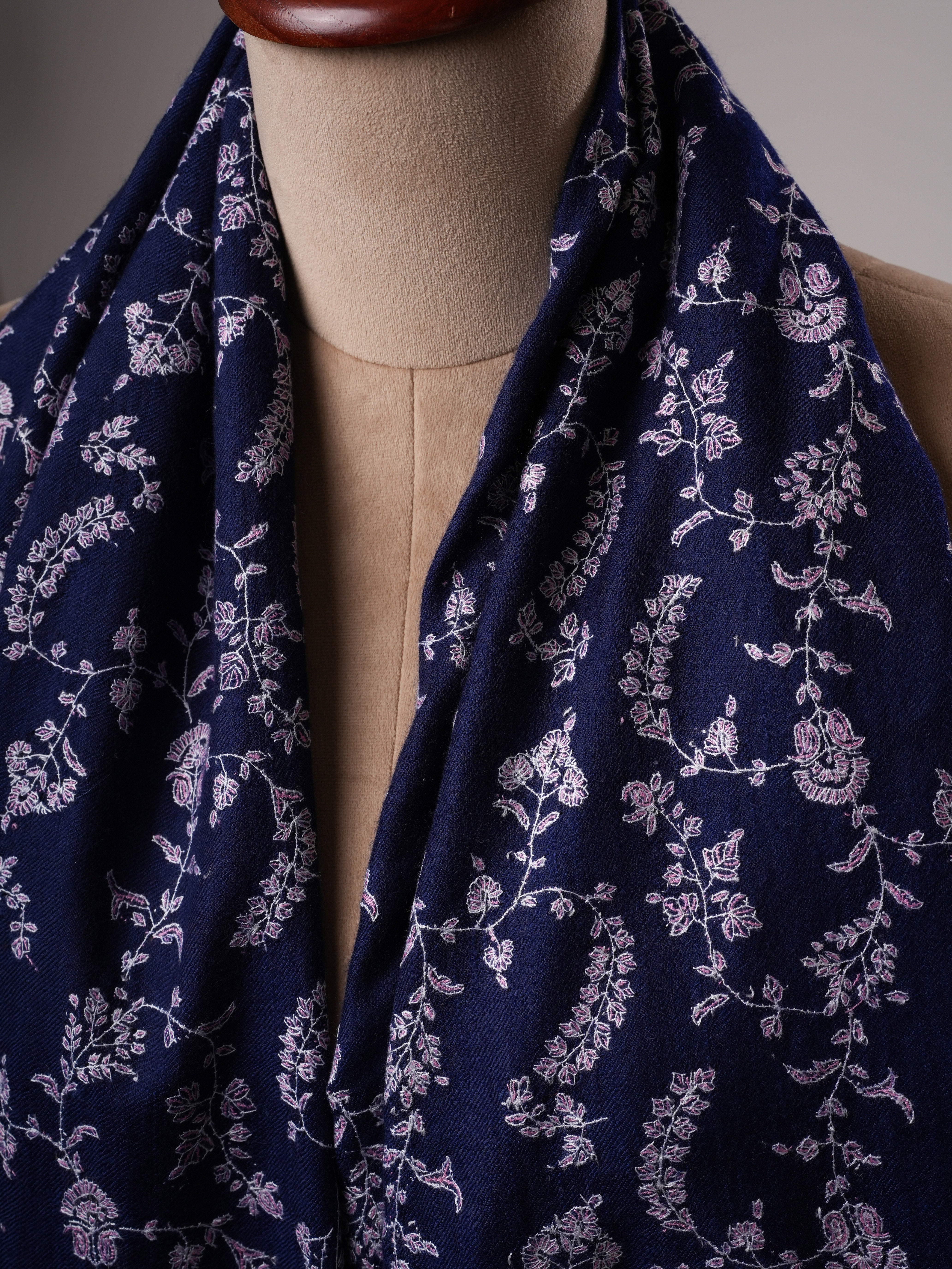 Dark Blue Baby Soft Cashmere Scarf with All Over Hand Embroidered Jali Shahkaar
