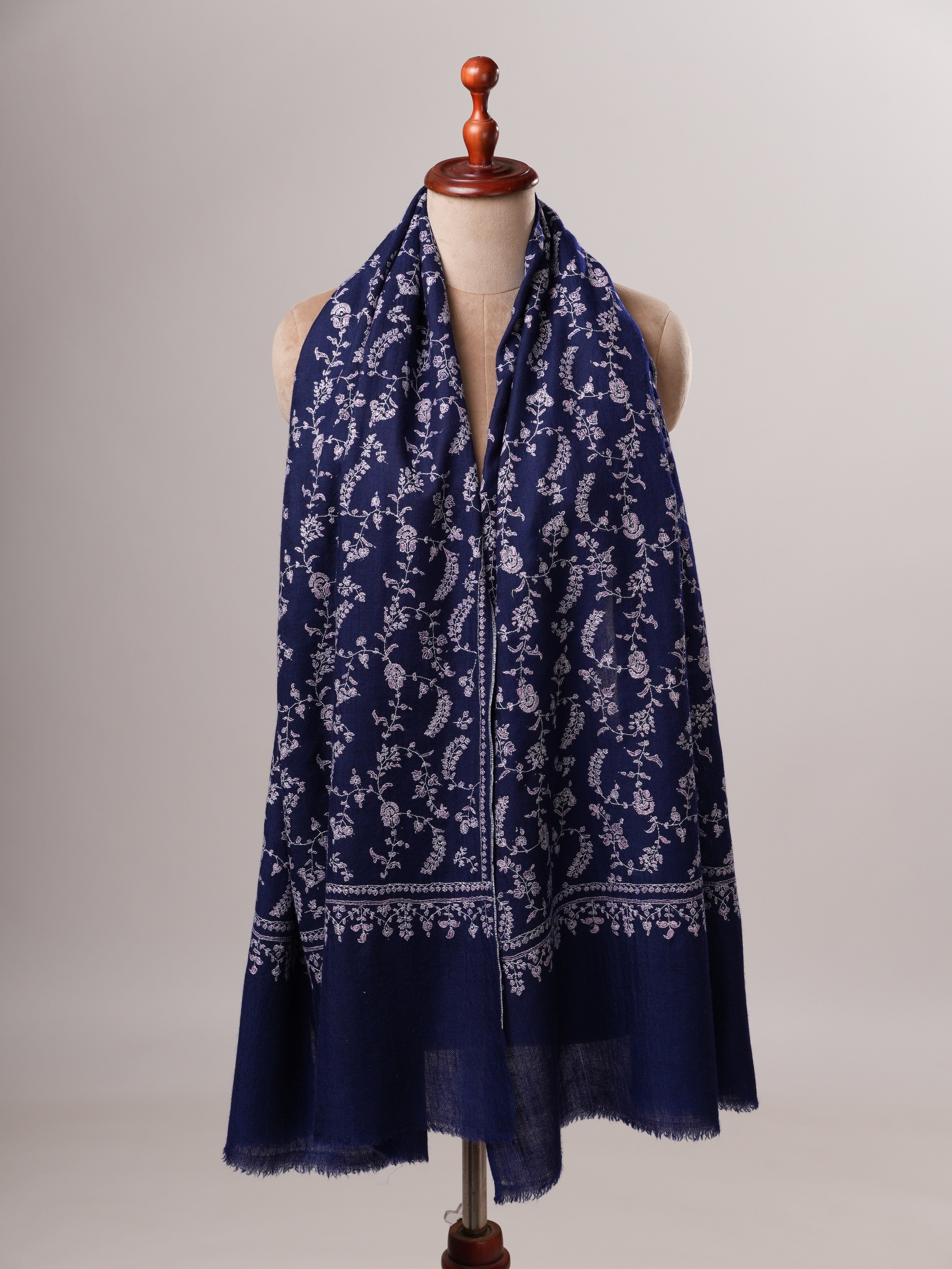 Dark Blue Baby Soft Cashmere Scarf with All Over Hand Embroidered Jali Shahkaar