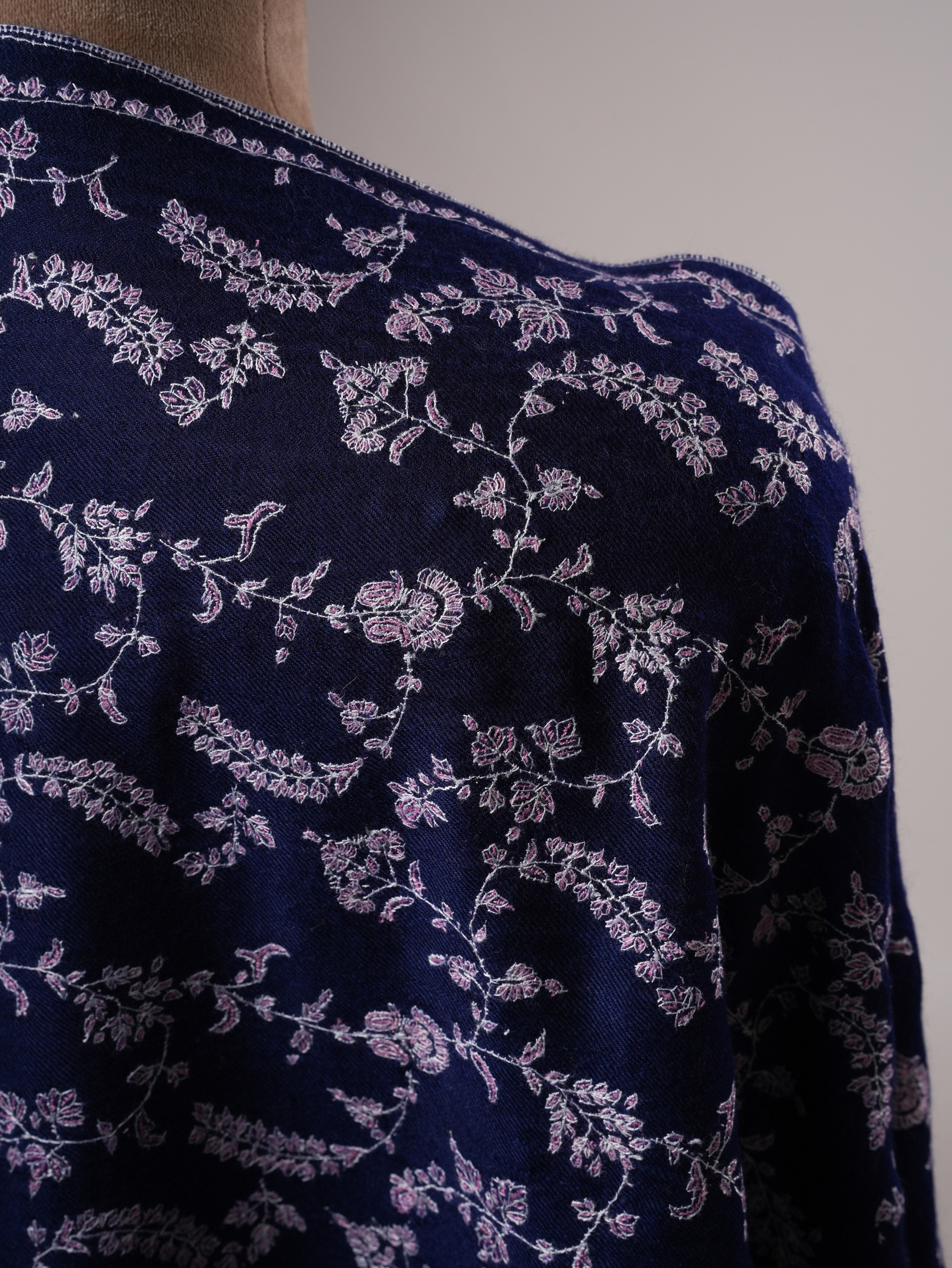 Dark Blue Baby Soft Cashmere Scarf with All Over Hand Embroidered Jali Shahkaar