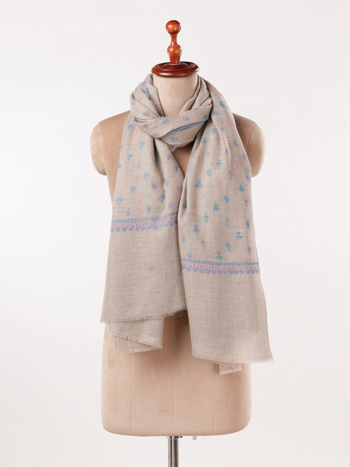 Natural Beige Classic Handwoven Pashmina Shawl with Buteh Hand Embroidery