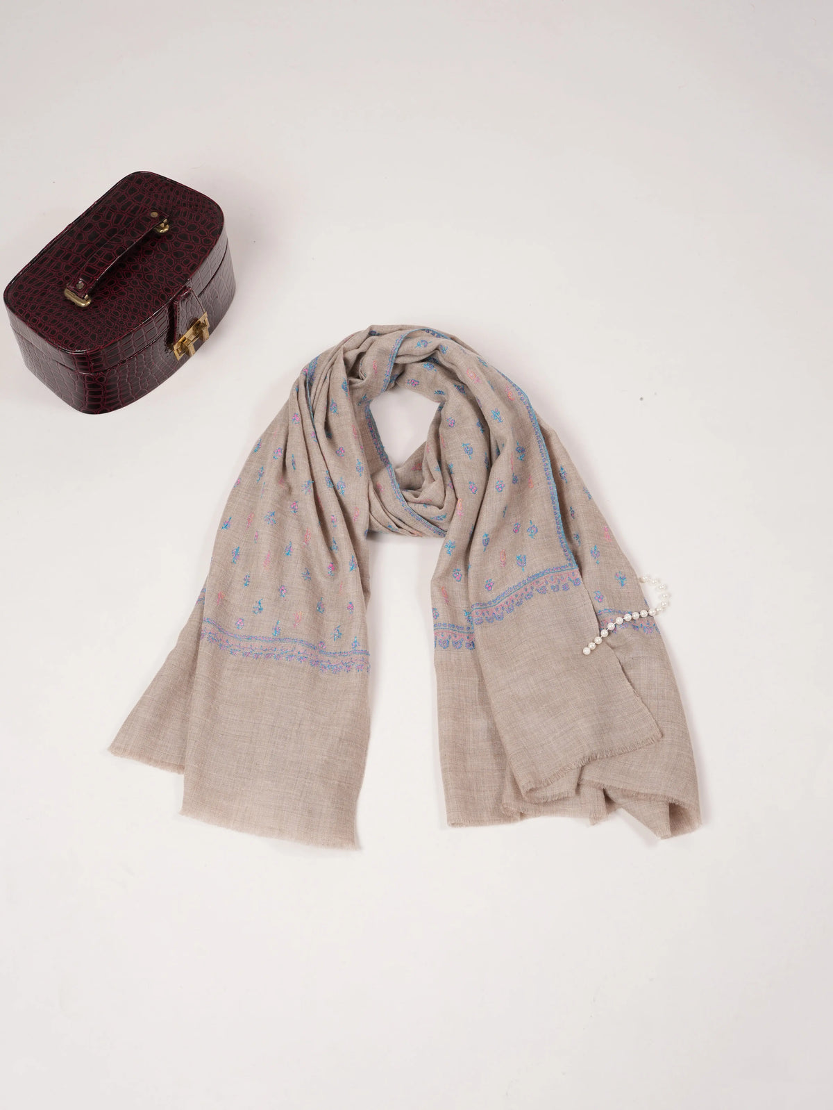 Natural Beige Classic Handwoven Pashmina Shawl with Buteh Hand Embroidery