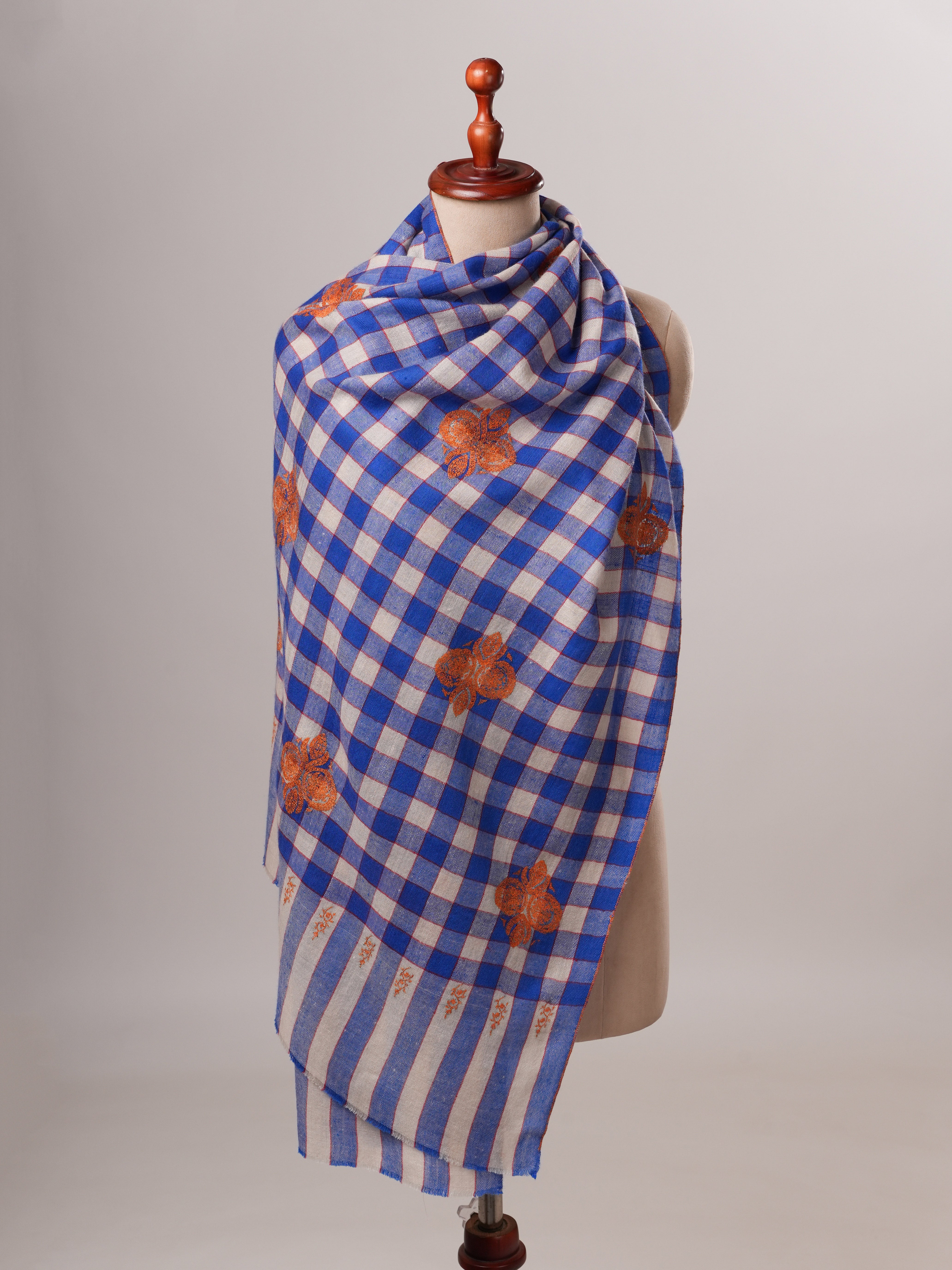 Modern Checked Cashmere Scarf with Traditional Buteh Embroidery Shahkaar